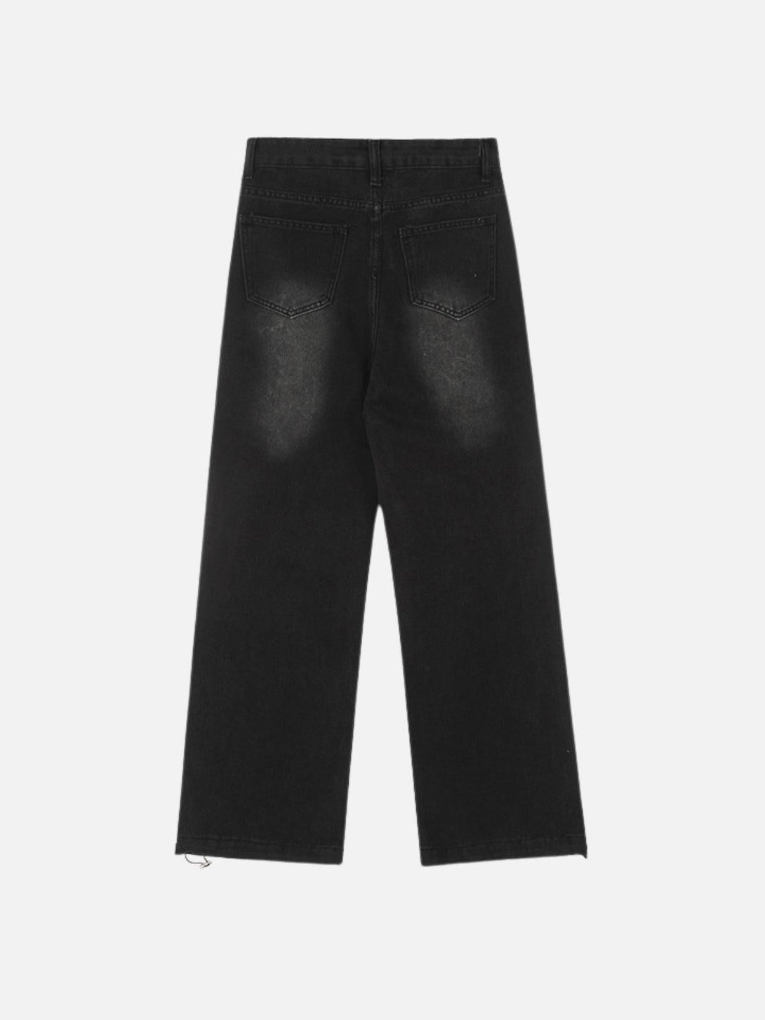 Back view of TALISHKO fringe bow jeans with a relaxed fit and stylish detailing.