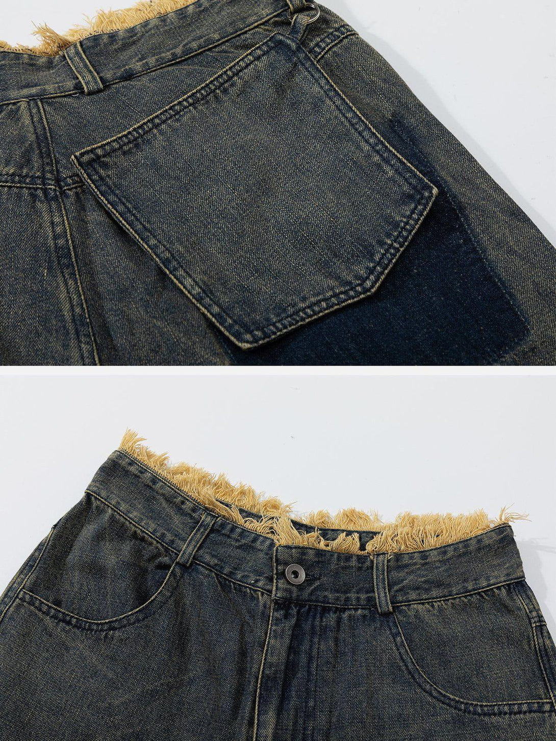 Detailed view of TALISHKO fringe denim jorts highlighting raw hems and pocket design for summer flair.
