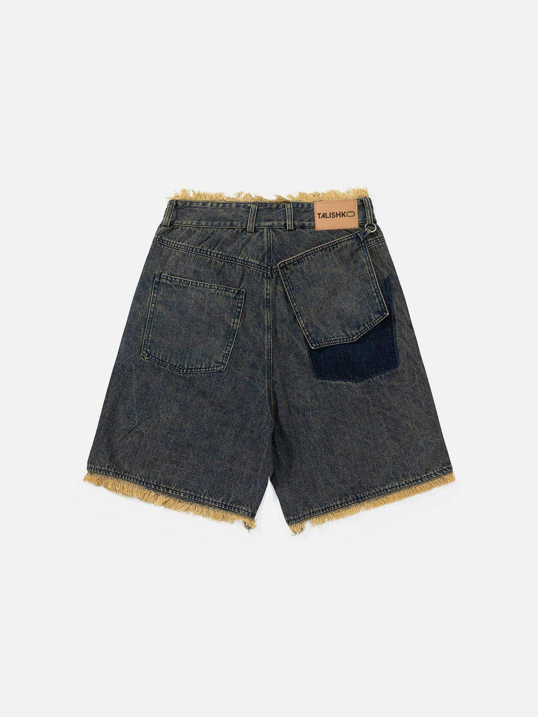 Back view of fringe denim jorts by TALISHKO, showcasing unique pocket design and raw hems.
