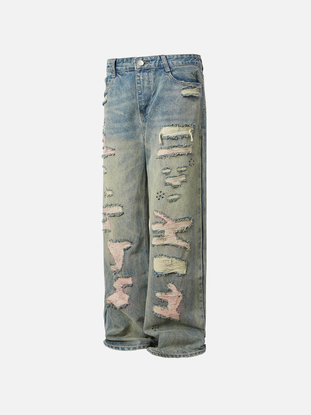 Wide-leg TALISHKO distressed jeans with fringe detailing, showcasing a unique urban style.