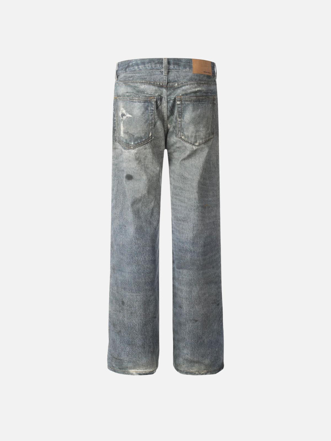 Back view of blue distressed print jeans by TALISHKO, highlighting unique urban style.