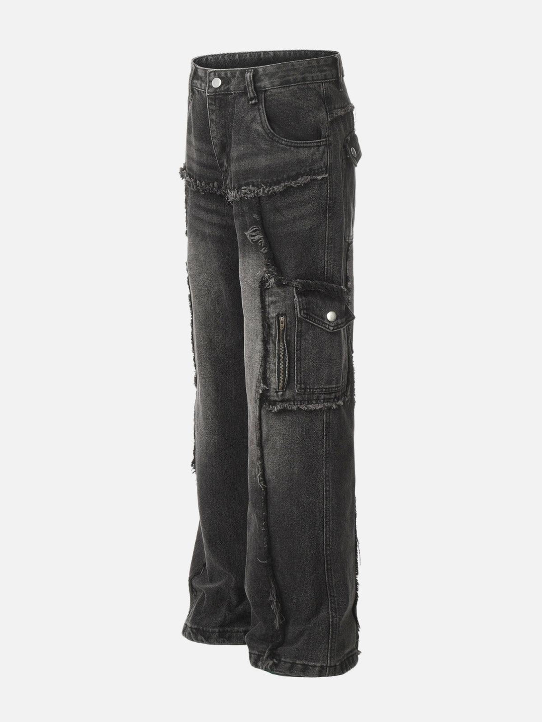Side view of black fringe jeans by TALISHKO, featuring multi-pocket design for urban style.