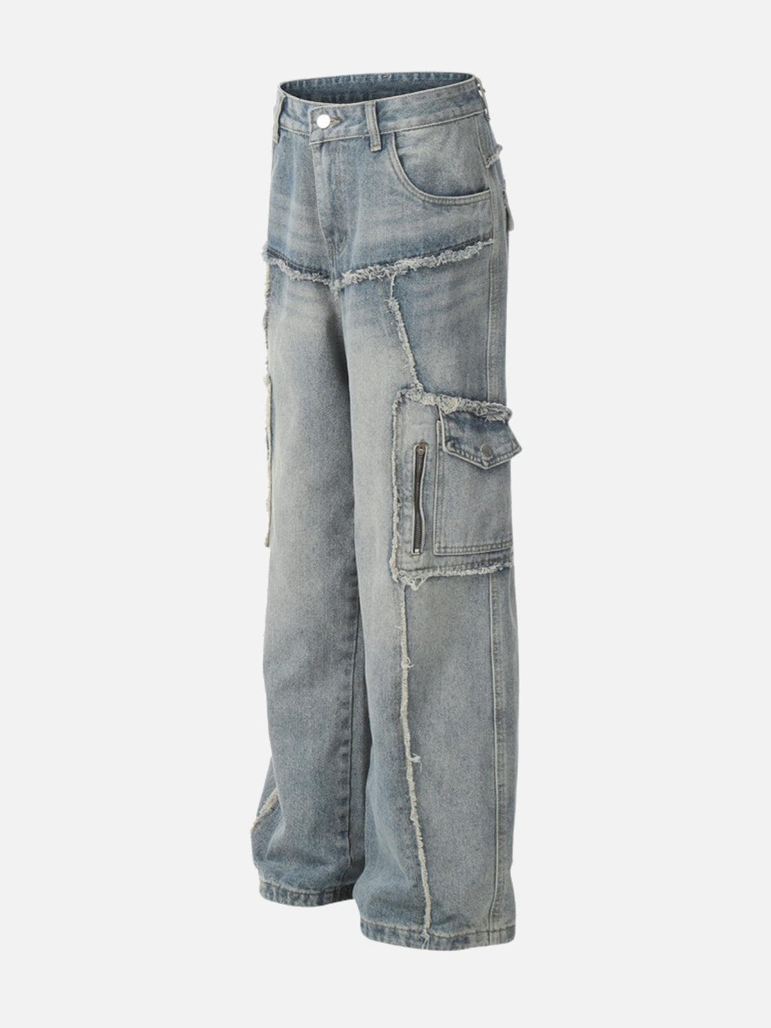 Side view of TALISHKO fringe multi-pocket jeans, highlighting their unique distressed design.
