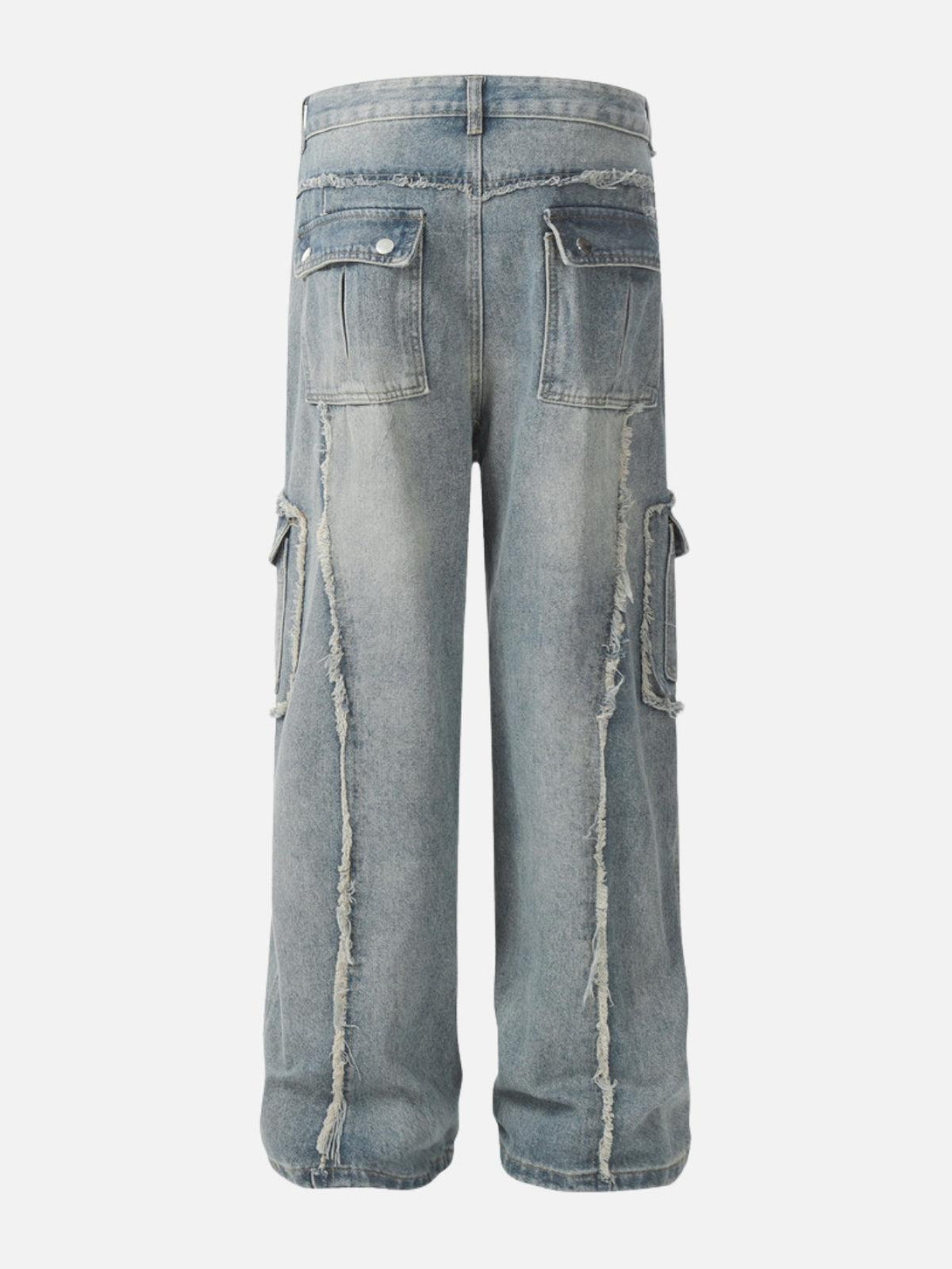 Back view of TALISHKO fringe multi-pocket jeans, emphasizing distressed details and style.