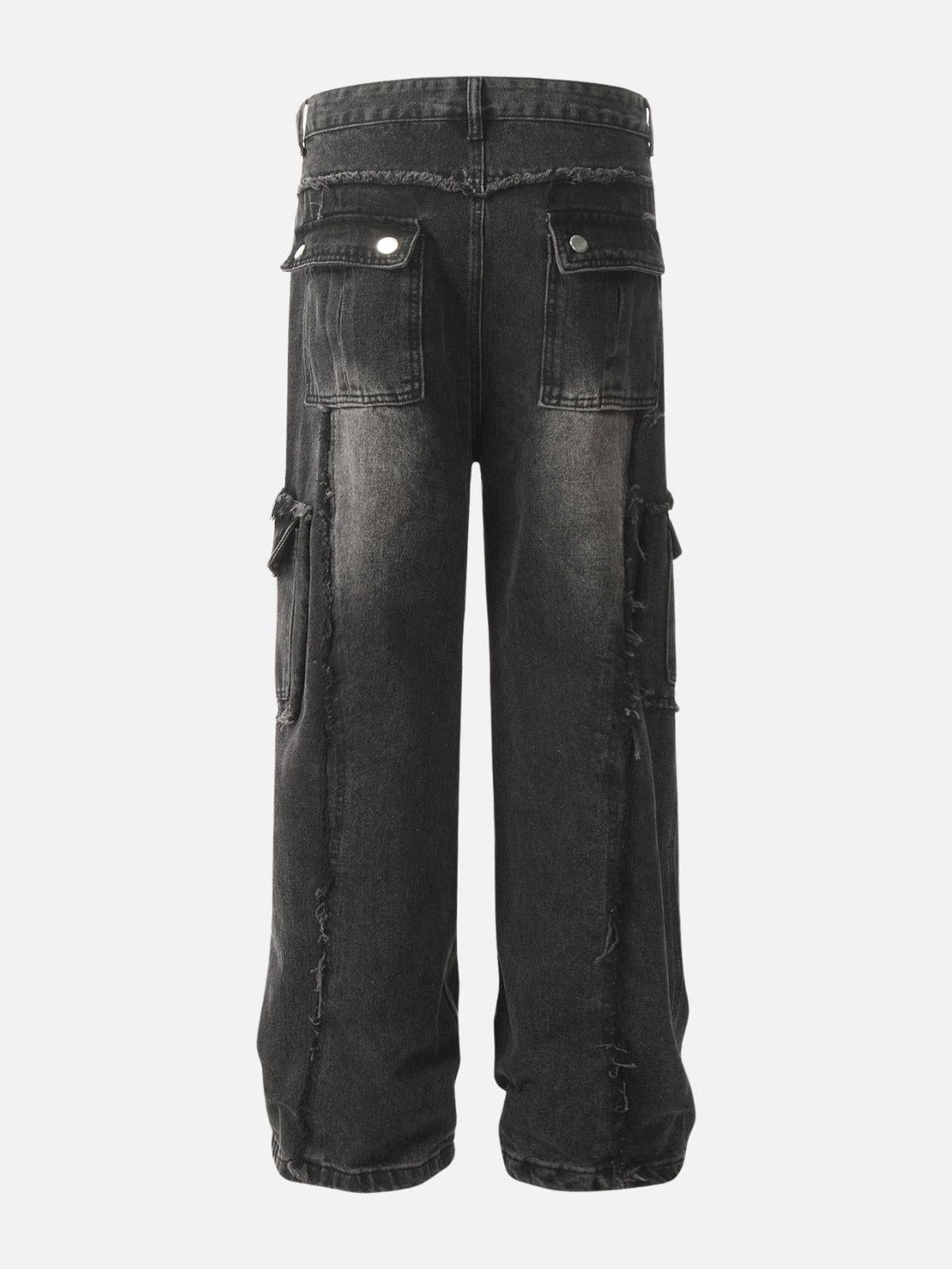 Back view of black fringe multi-pocket jeans by TALISHKO, highlighting rugged detailing.