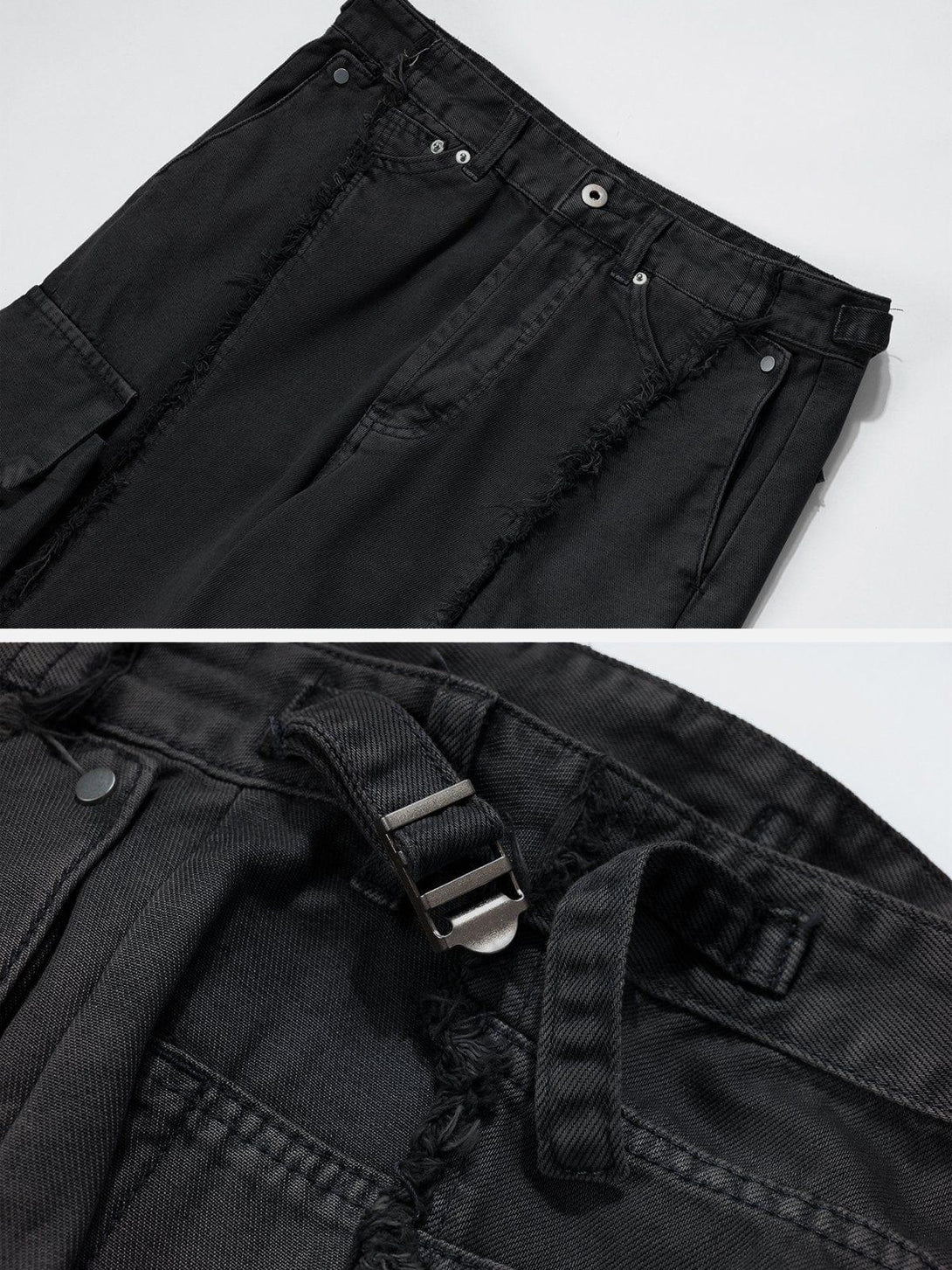 A detailed look at black fringe jeans with multiple pockets by TALISHKO, highlighting unique design.