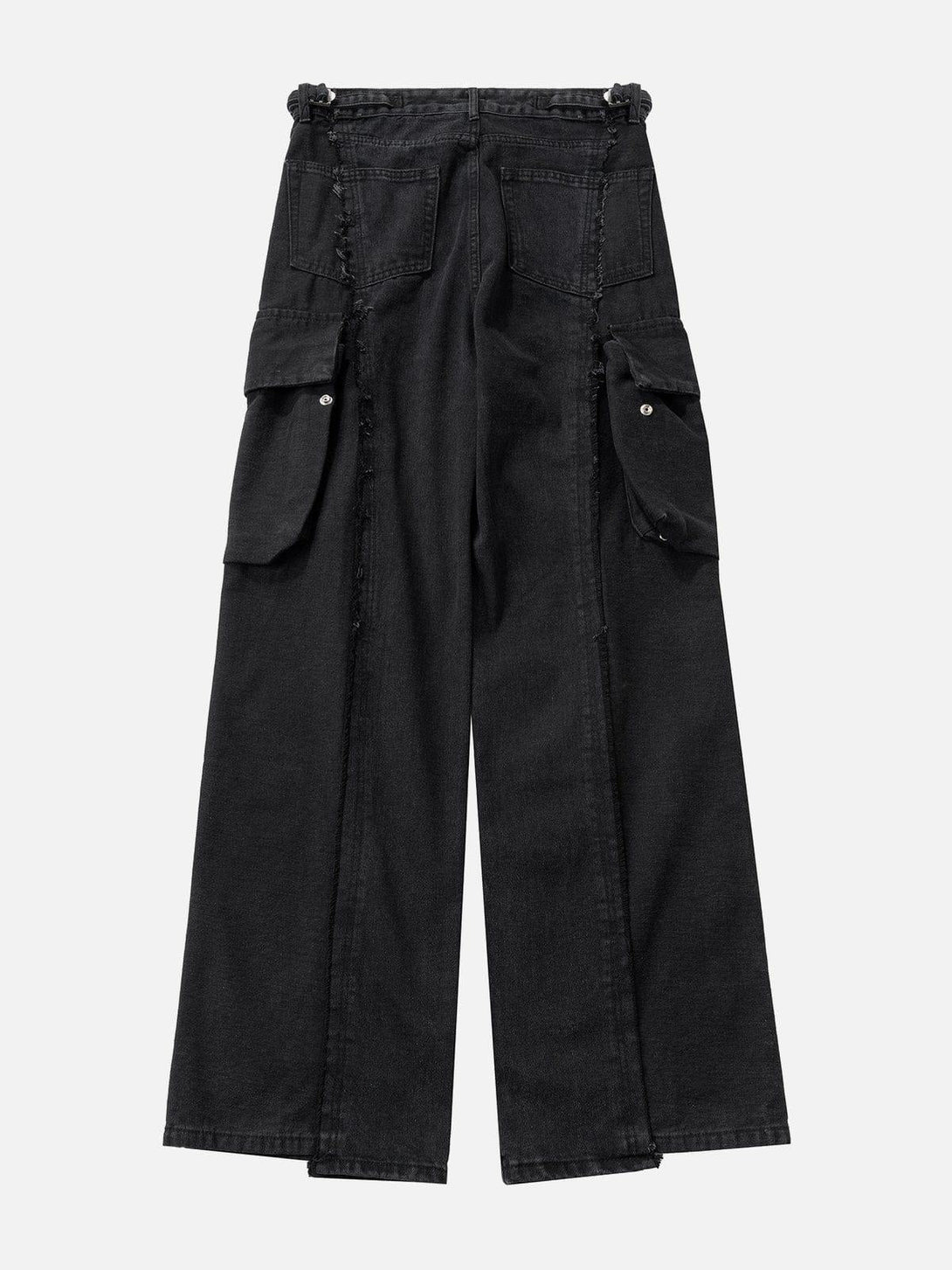 Back view of black fringe jeans with multiple pockets by TALISHKO, adding a bold touch.