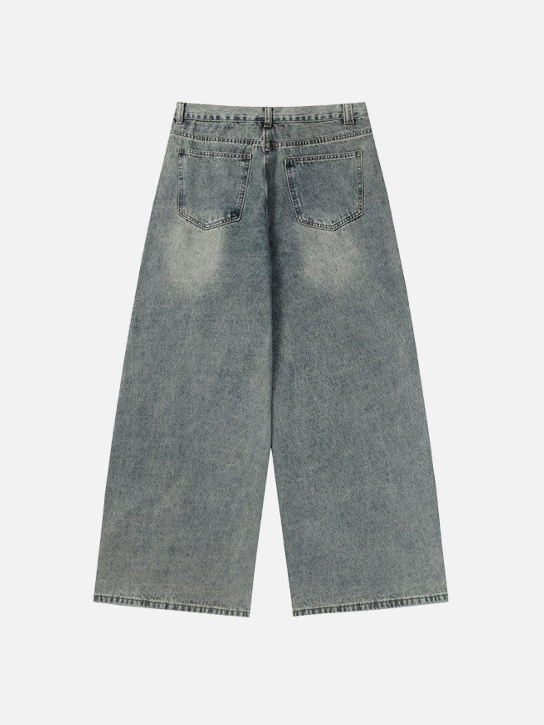 Back view of TALISHKO's fringe patchwork loose jeans, highlighting a relaxed, casual fit.