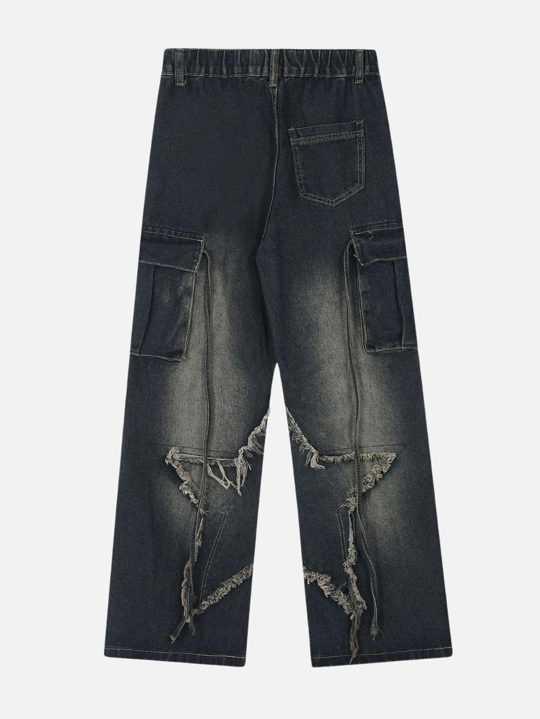 Back view of TALISHKO jeans showcasing unique fringe star detailing and cargo pockets.