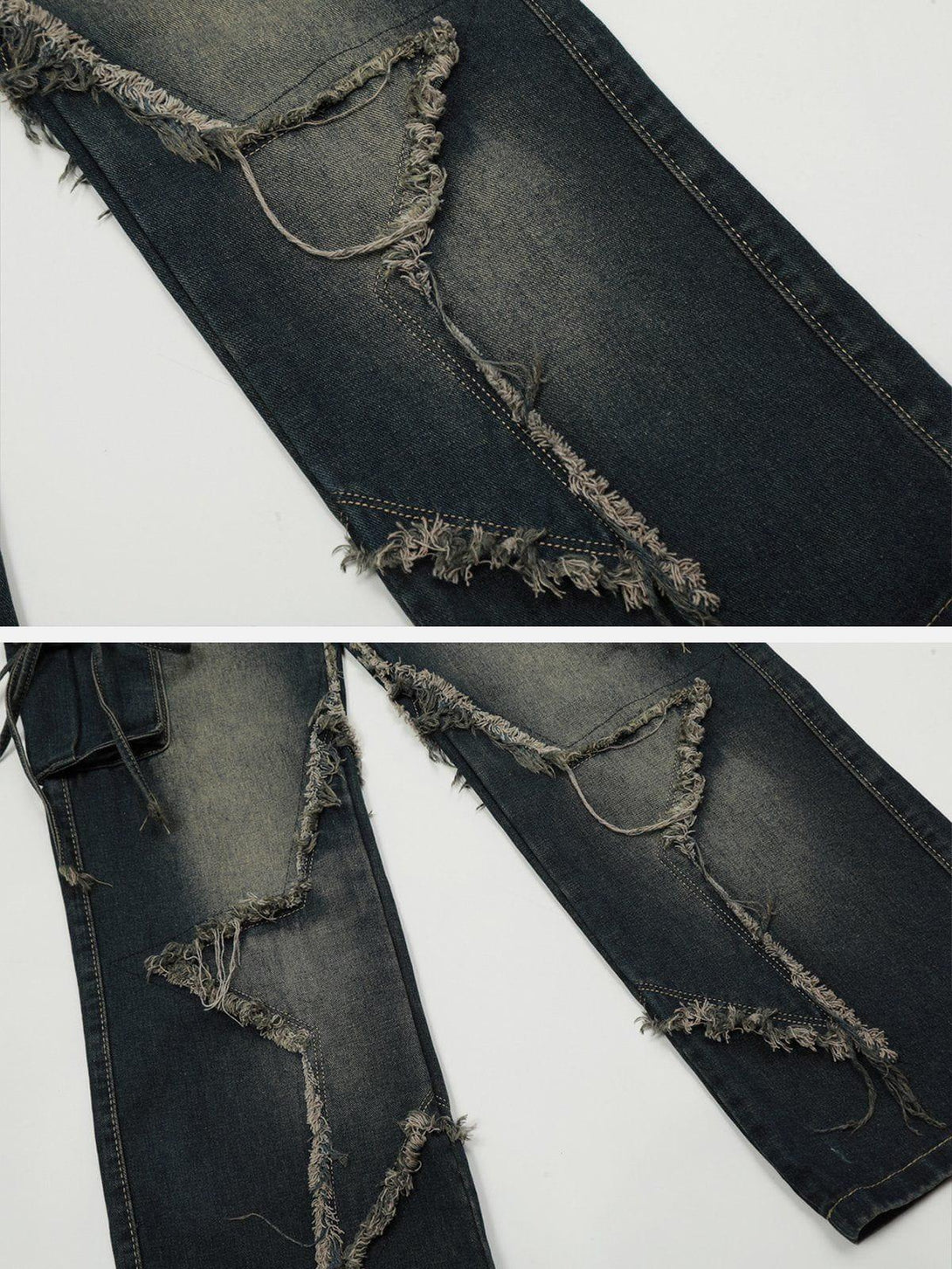 Intricate look at TALISHKO's fringe star washed jeans, highlighting unique frayed detailing.