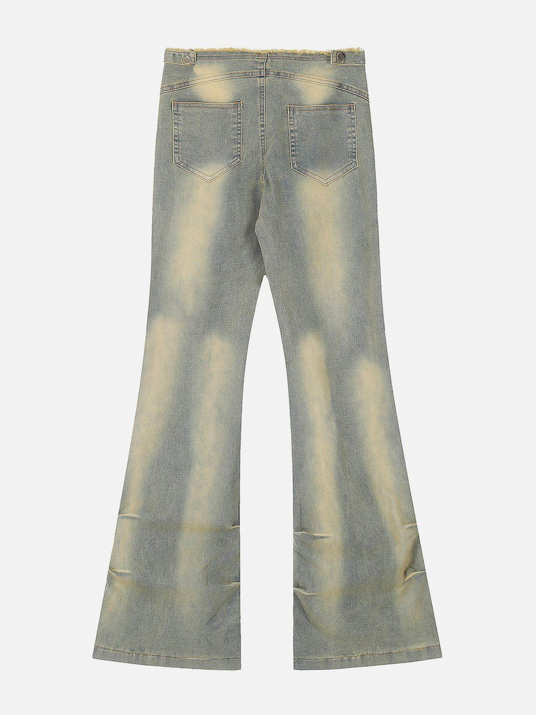 Back view of TALISHKO's fringe waist jeans in a faded wash, highlighting their flared style.