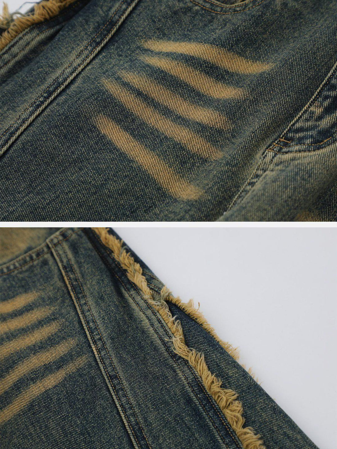 Frayed edge detail of TALISHKO fringe washed jeans, highlighting unique distressed texture.