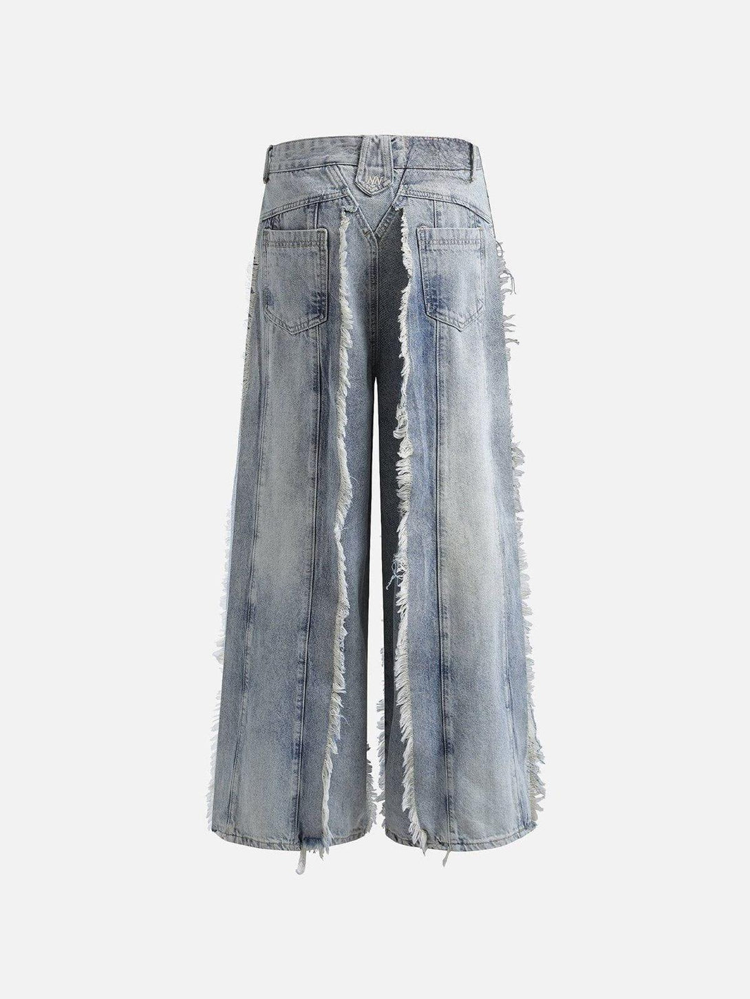 Frayed denim jeans from TALISHKO, featuring a washed look and fringe details in a back view.