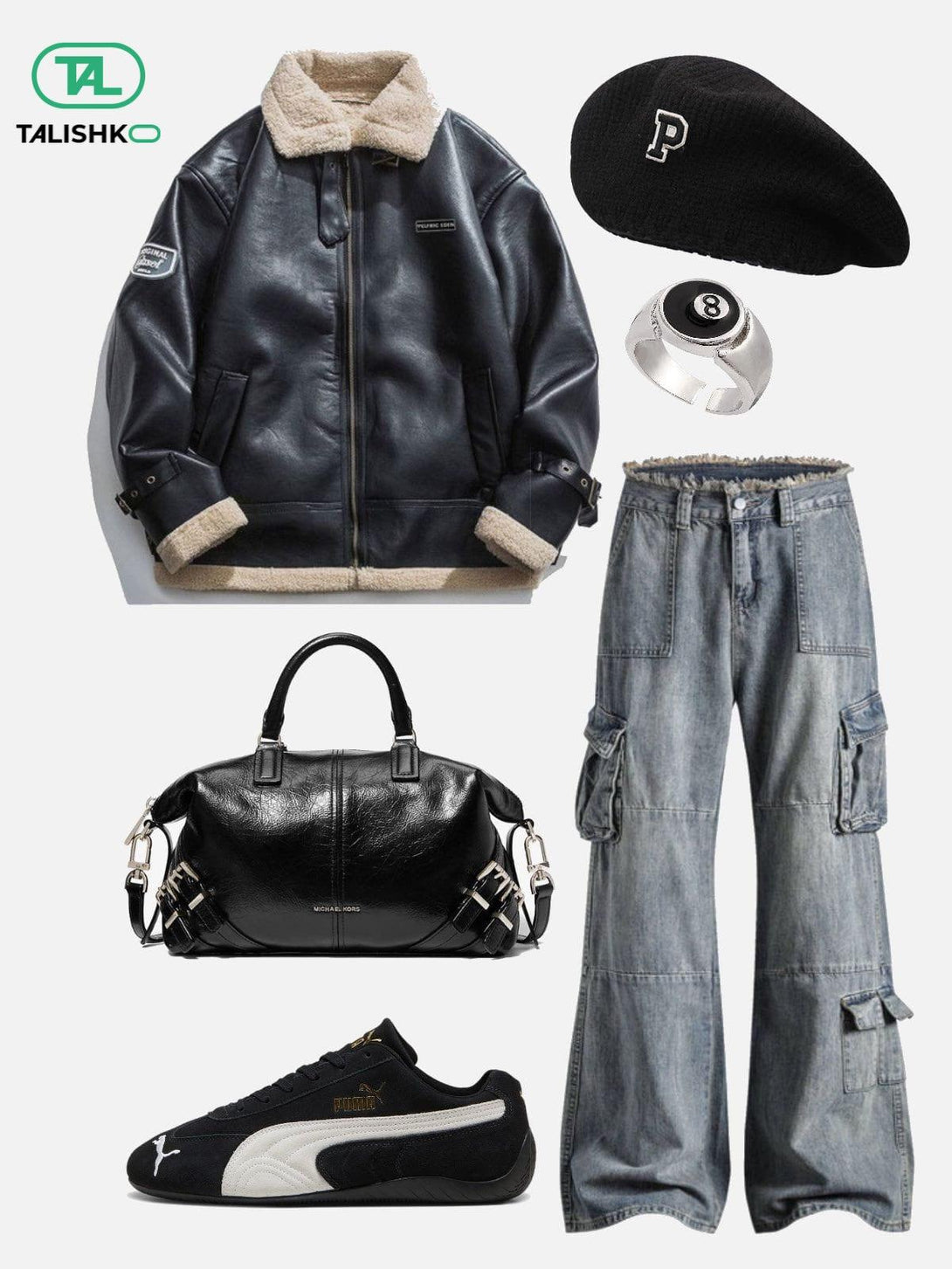 Stylish ensemble featuring TALISHKO's black shearling jacket and multi-pocket jeans with accessories.