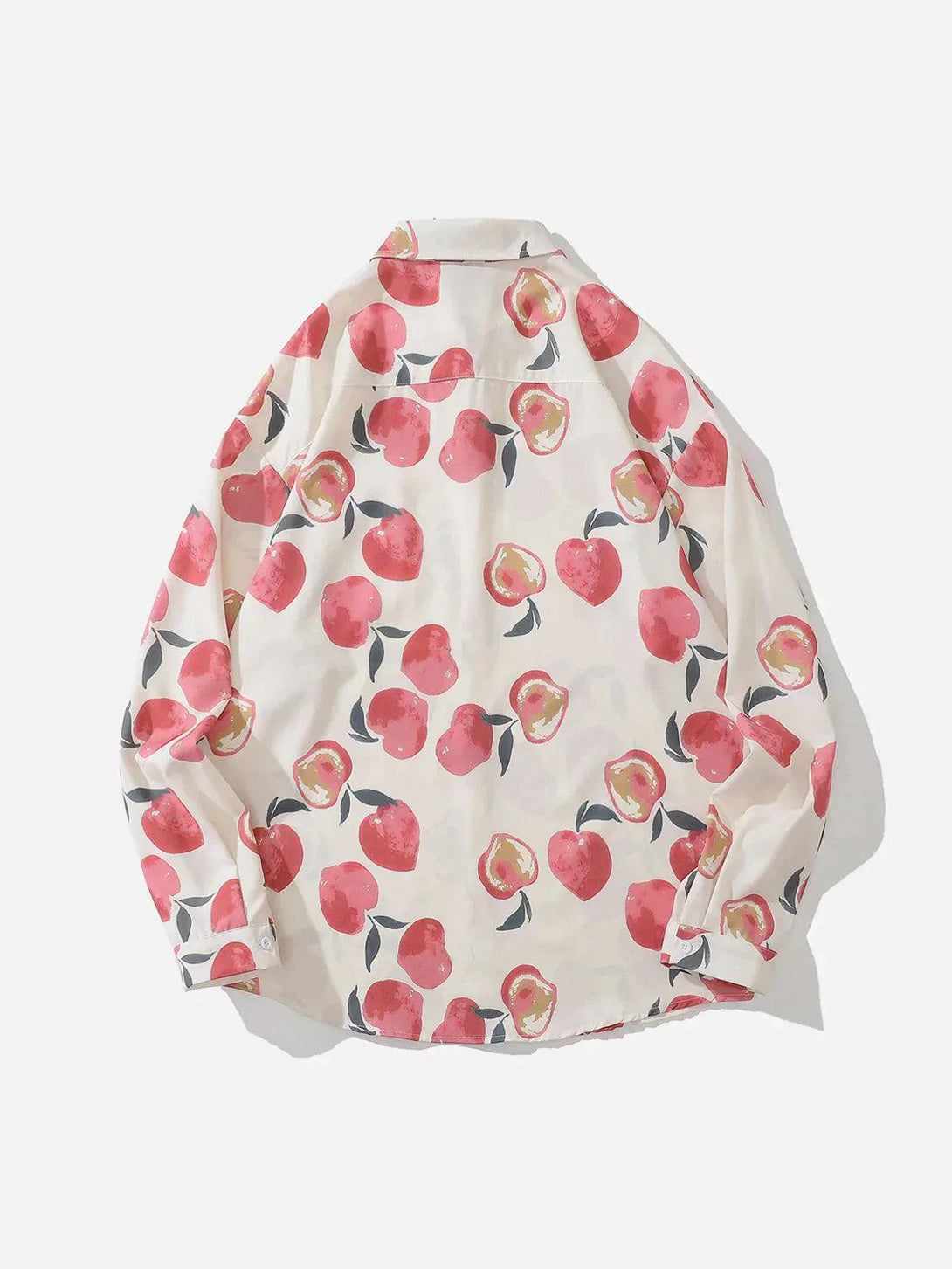 Back view of a fruit print long-sleeved shirt by TALISHKO, featuring vibrant red patterns.