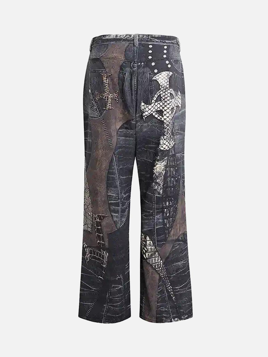 Back view of TALISHKO flare jeans featuring intricate cross stitching and textured leather.