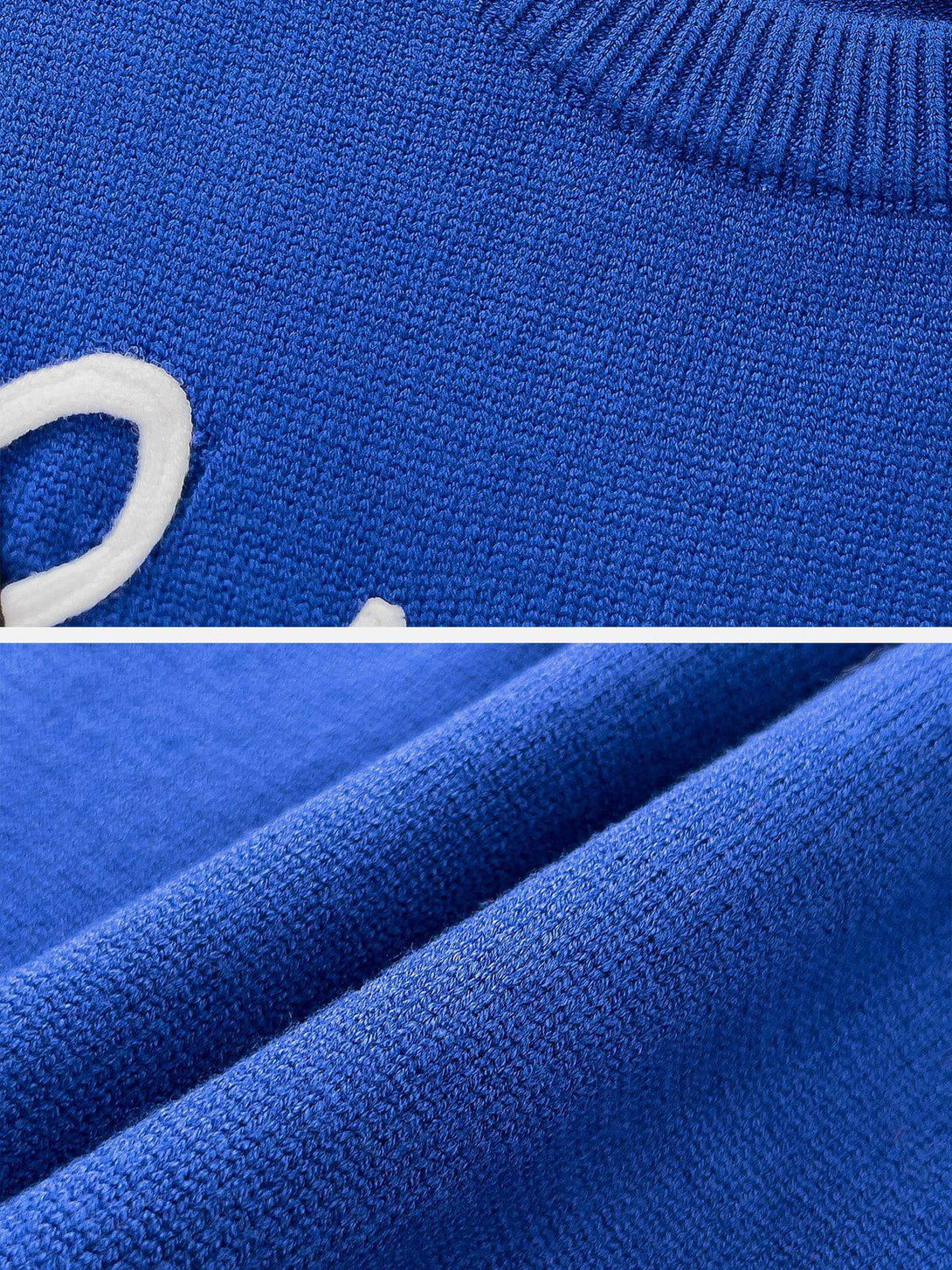 Detailed fabric and stitching of the blue Fun Embroidery Sweater by TALISHKO.
