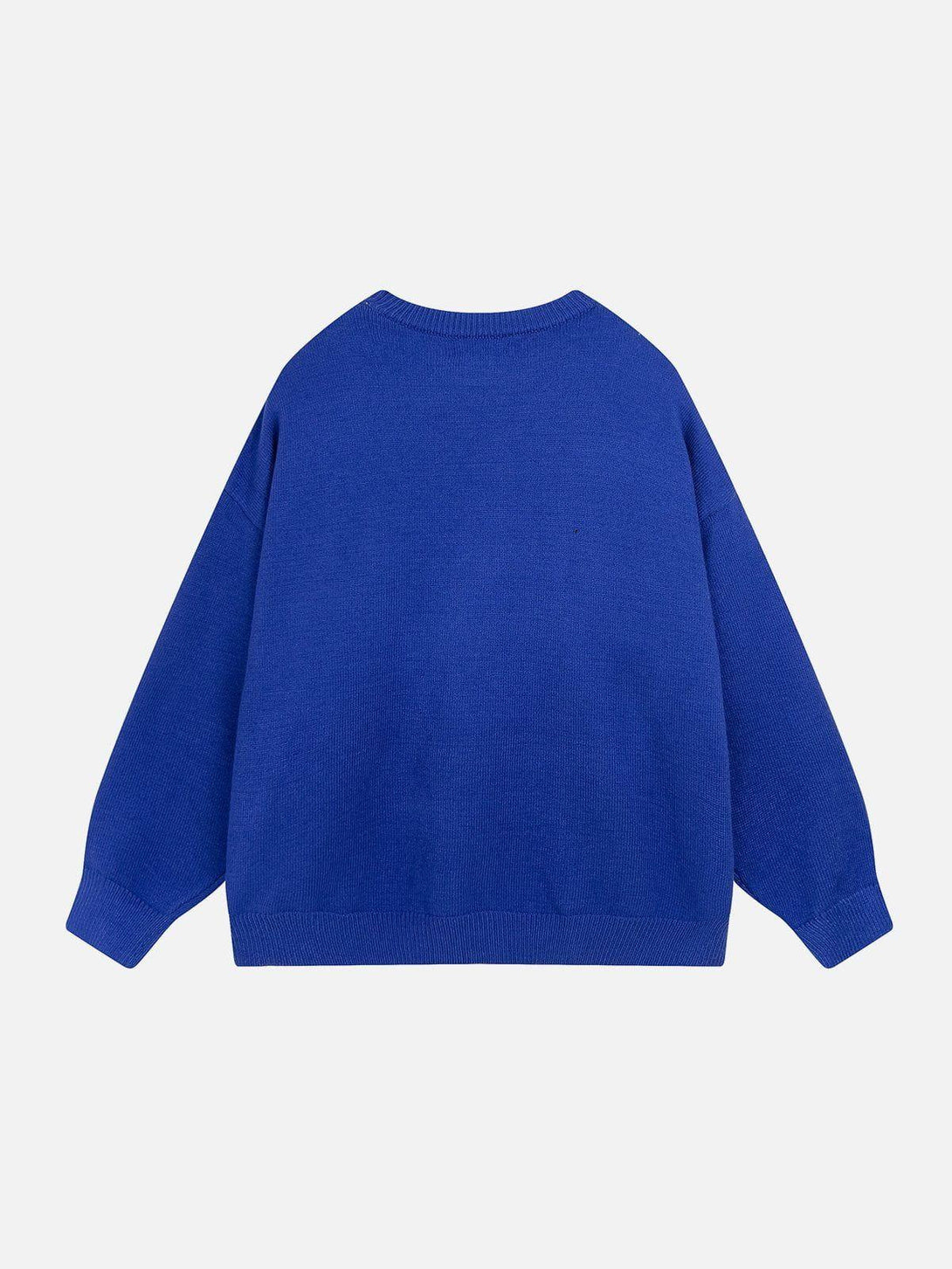 Back view of a vibrant blue sweater by TALISHKO, showcasing a cozy, relaxed fit.