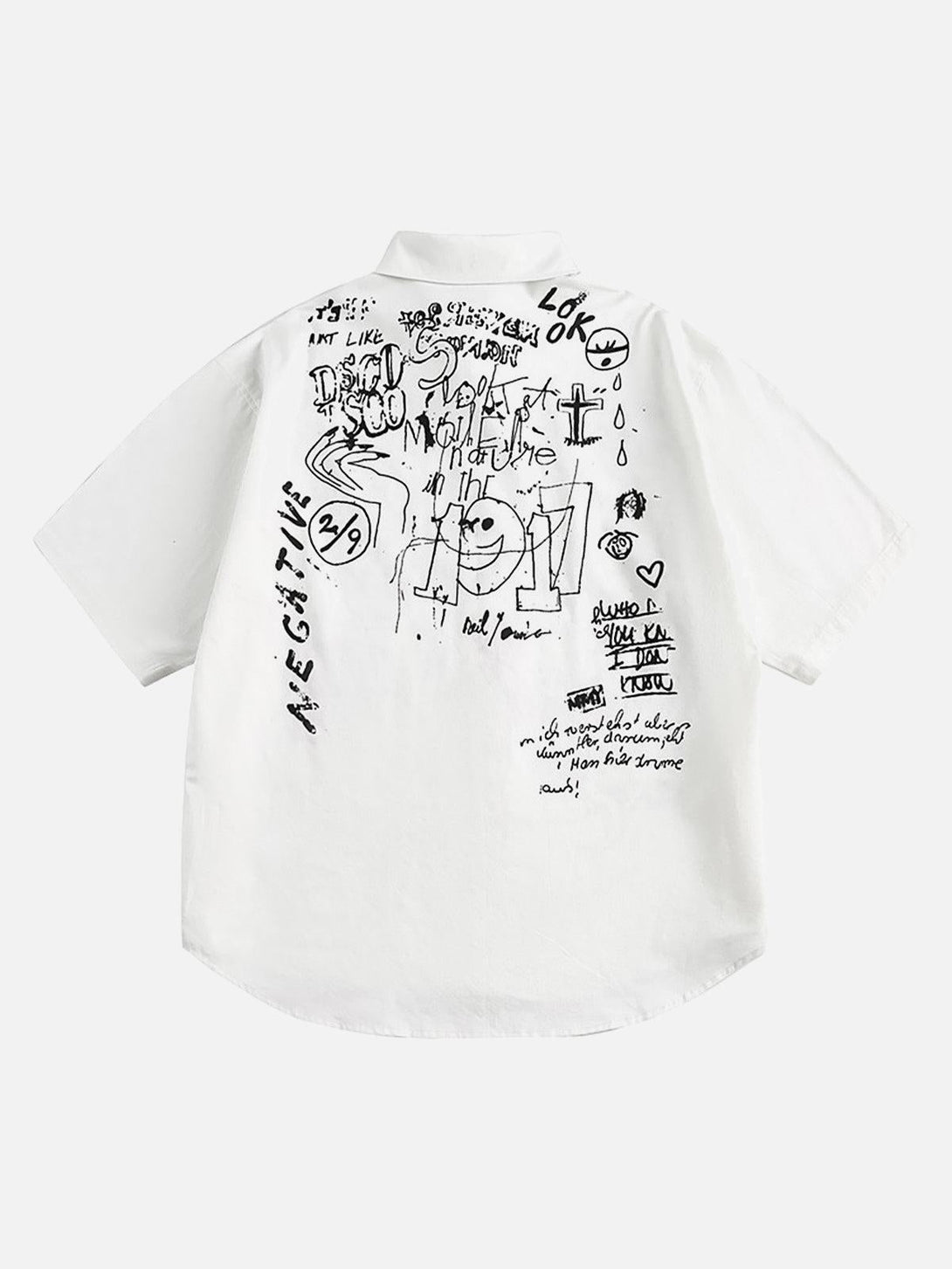 Back view of a white short sleeve shirt featuring playful graffiti designs by TALISHKO.