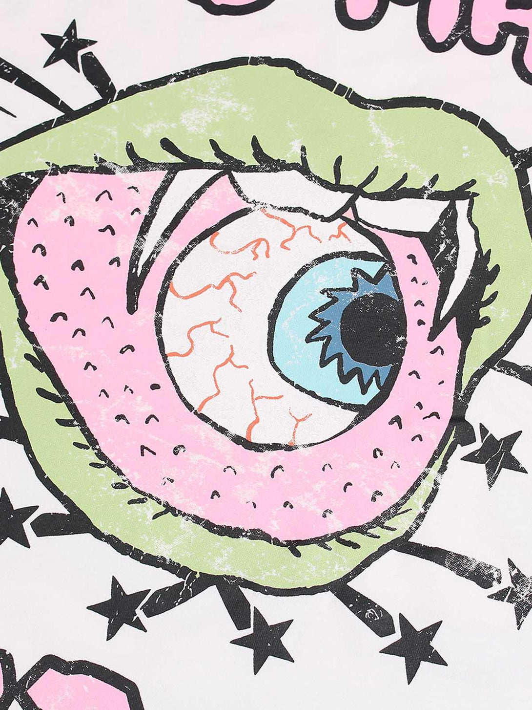 A detailed view of TALISHKO's playful graphic print T-shirt, showcasing vibrant and quirky design.