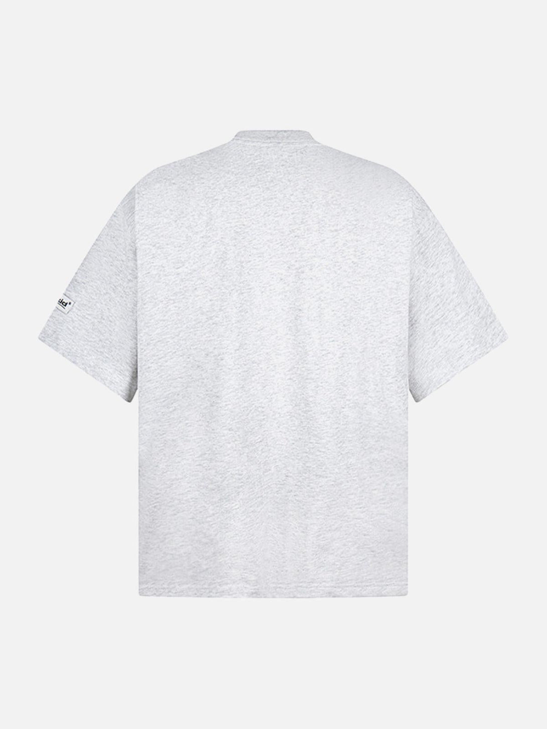 Back view of light gray graphic T-shirt by TALISHKO, highlighting its relaxed and casual style.