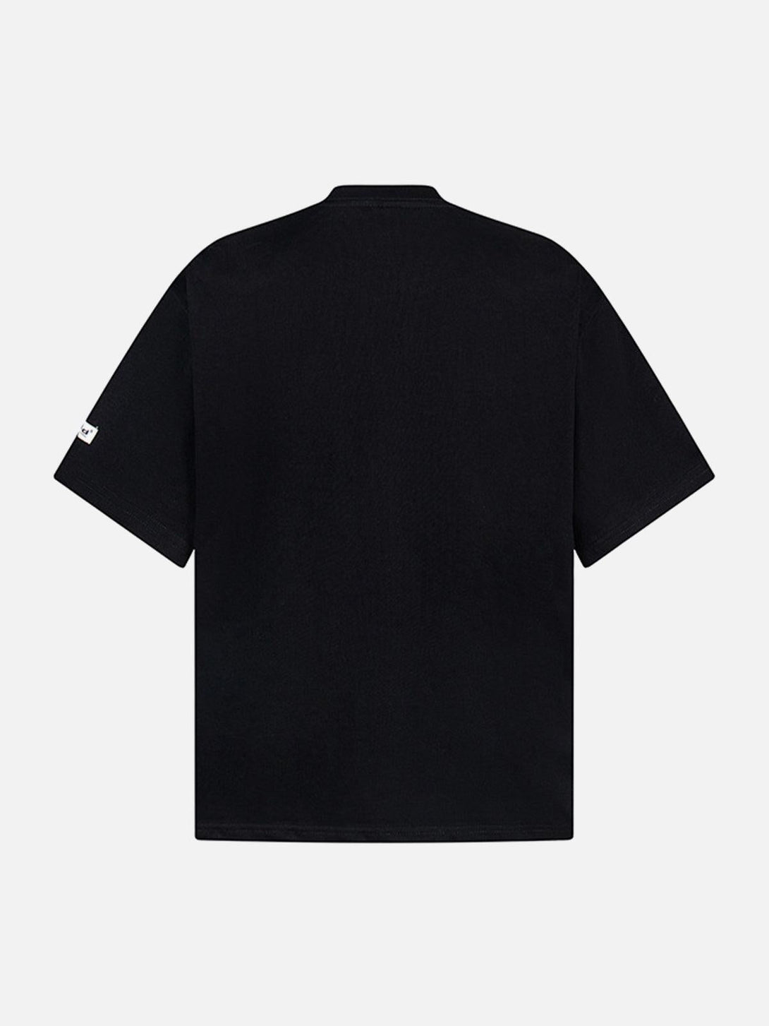 Back view of black graphic T-shirt by TALISHKO, showcasing minimalist design and relaxed fit.