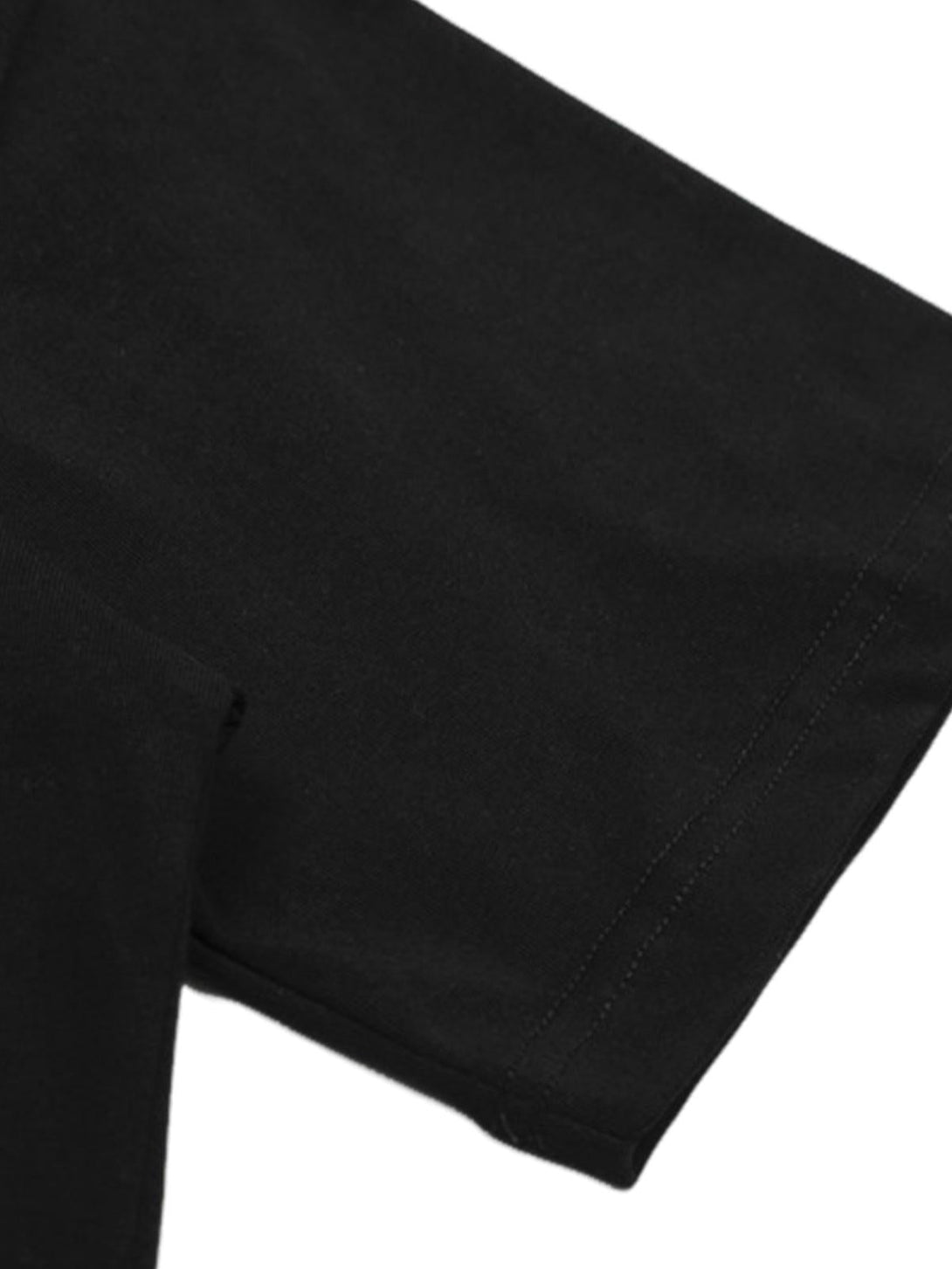 A detailed view of the sleeve on a black T-shirt by TALISHKO, emphasizing sleek design.