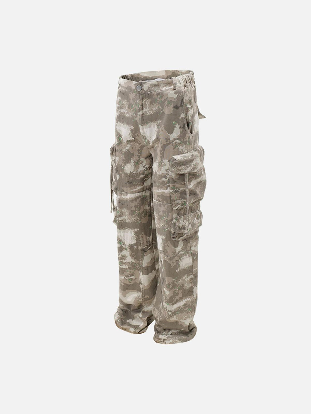 Side view of TALISHKO camouflage cargo pants with multiple pockets and a functional design.