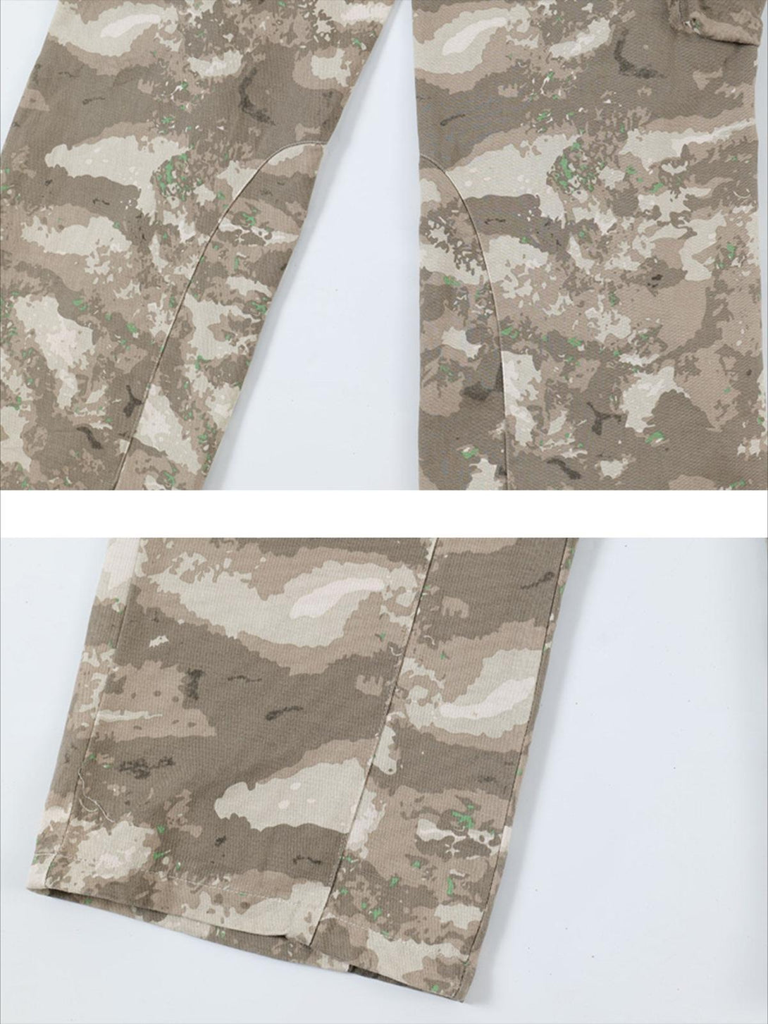 Intricate look at TALISHKO camouflage cargo pants, focusing on texture and detailed stitching.