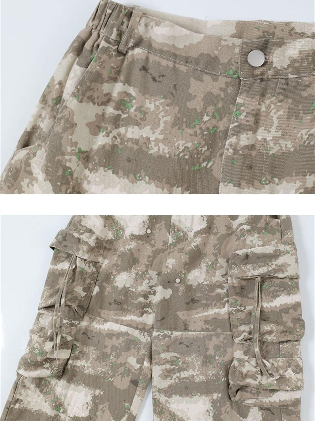 Detailed view of TALISHKO camouflage cargo pants highlighting the fabric and pocket design.