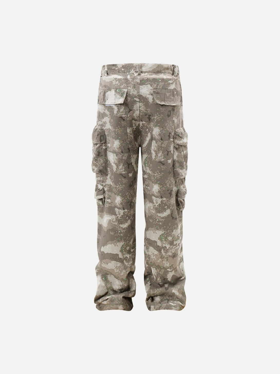 Back view of TALISHKO camouflage cargo pants showcasing practical pockets and straight-leg fit.