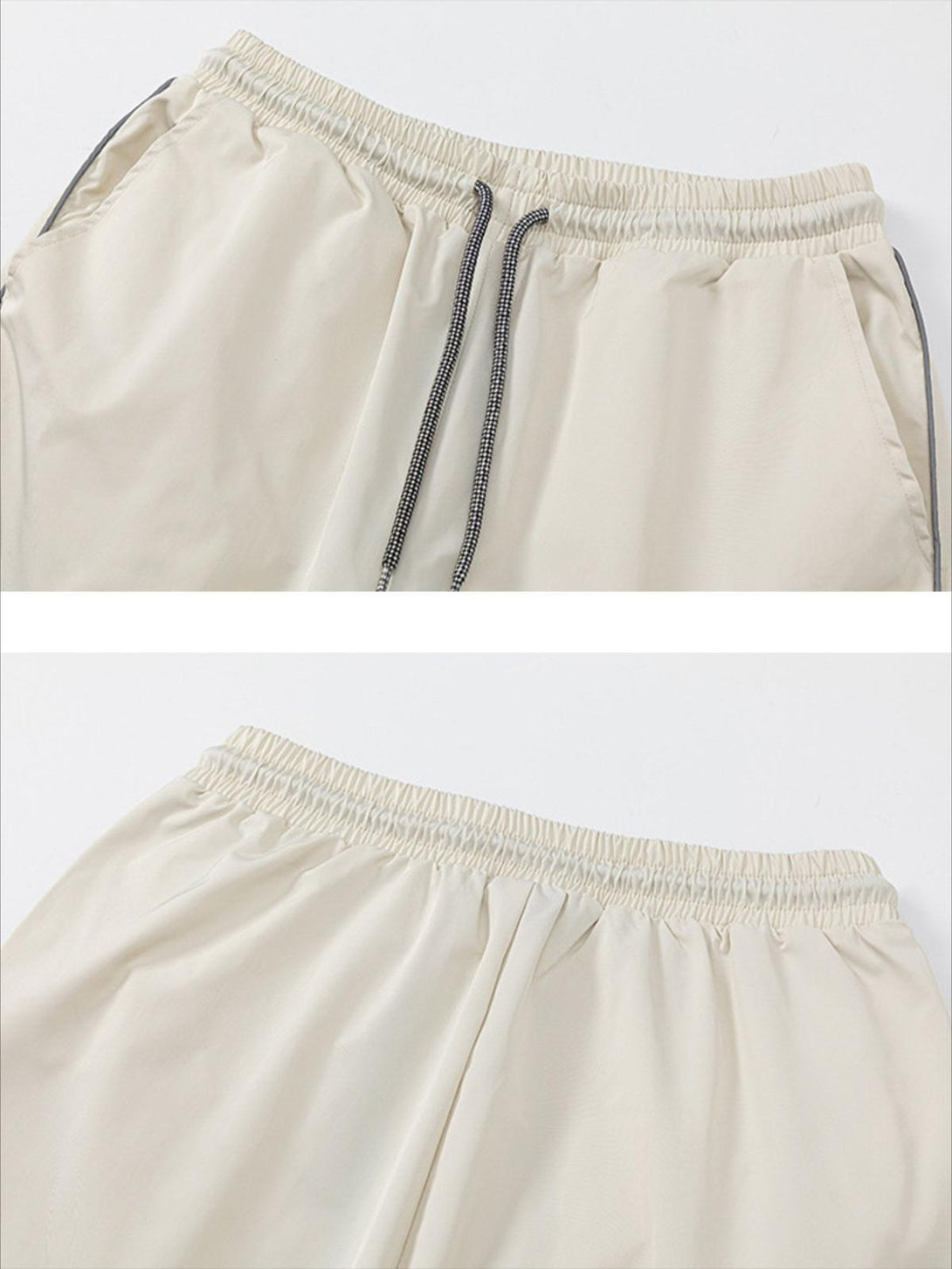 Detailed view of beige cargo pants by TALISHKO, highlighting elastic waistband and drawstring.