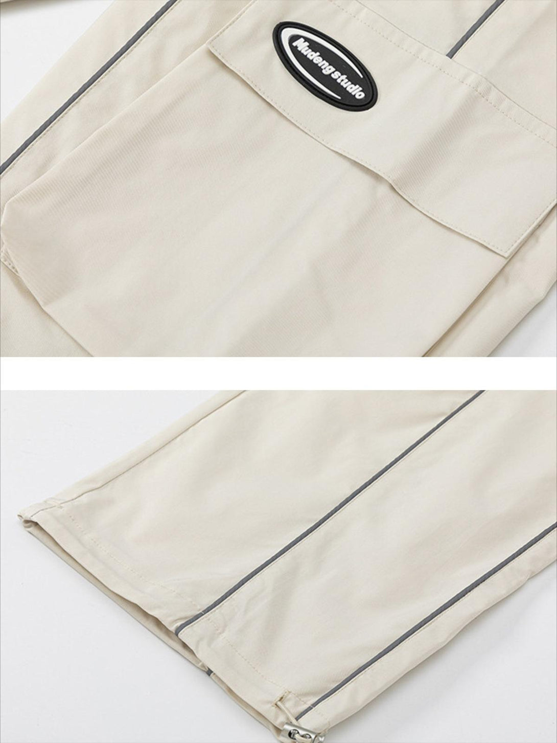 A detailed look at TALISHKO beige cargo pants highlighting functional pockets and sleek lines.