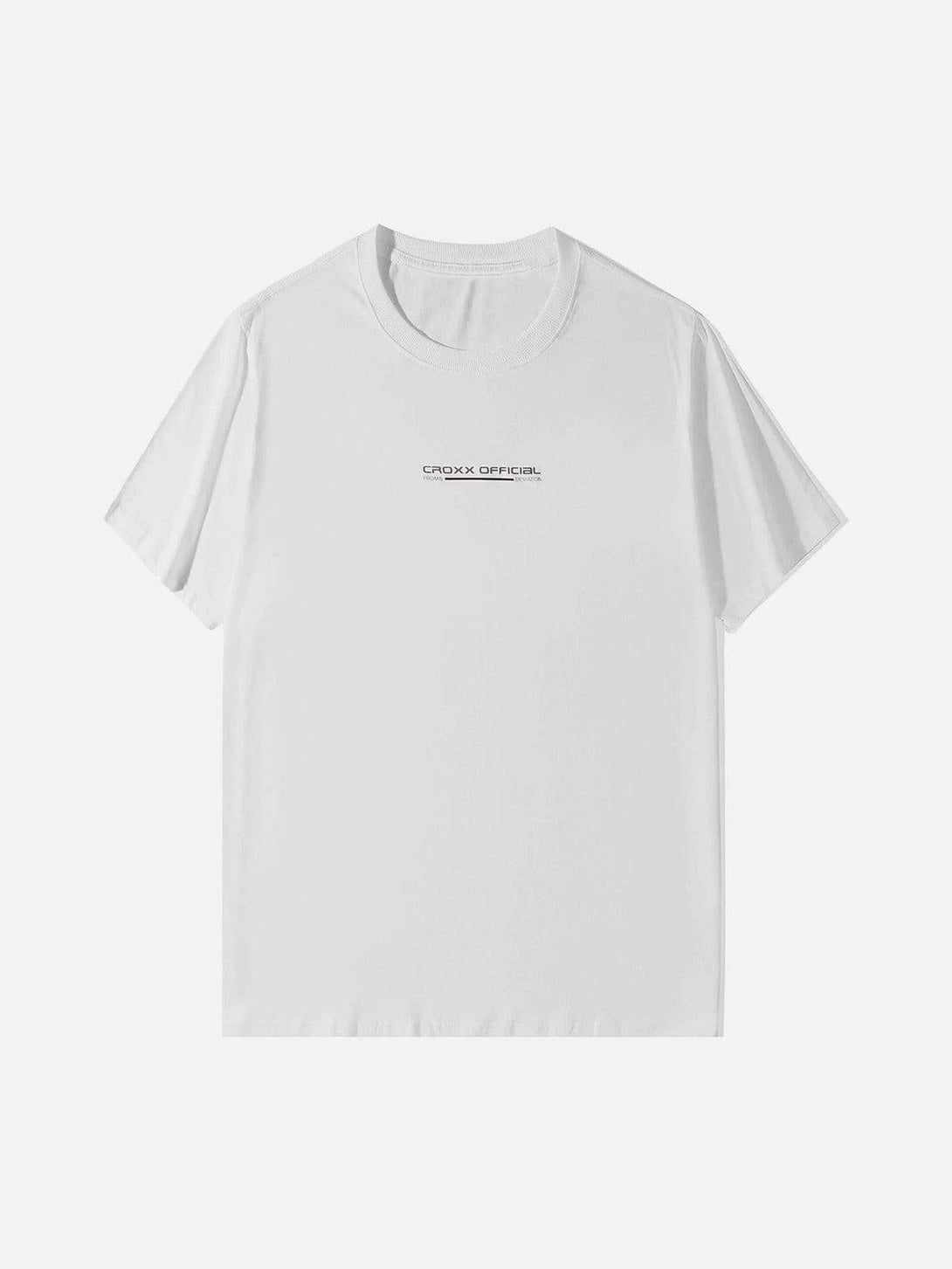 Front view of a white cotton tee by TALISHKO with a minimalist reflective print design.