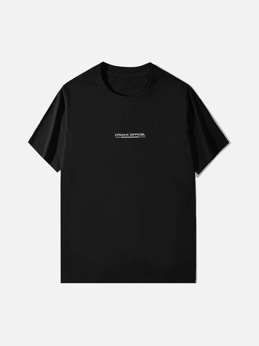 Front view of a black cotton tee by TALISHKO, featuring a minimalist reflective print.