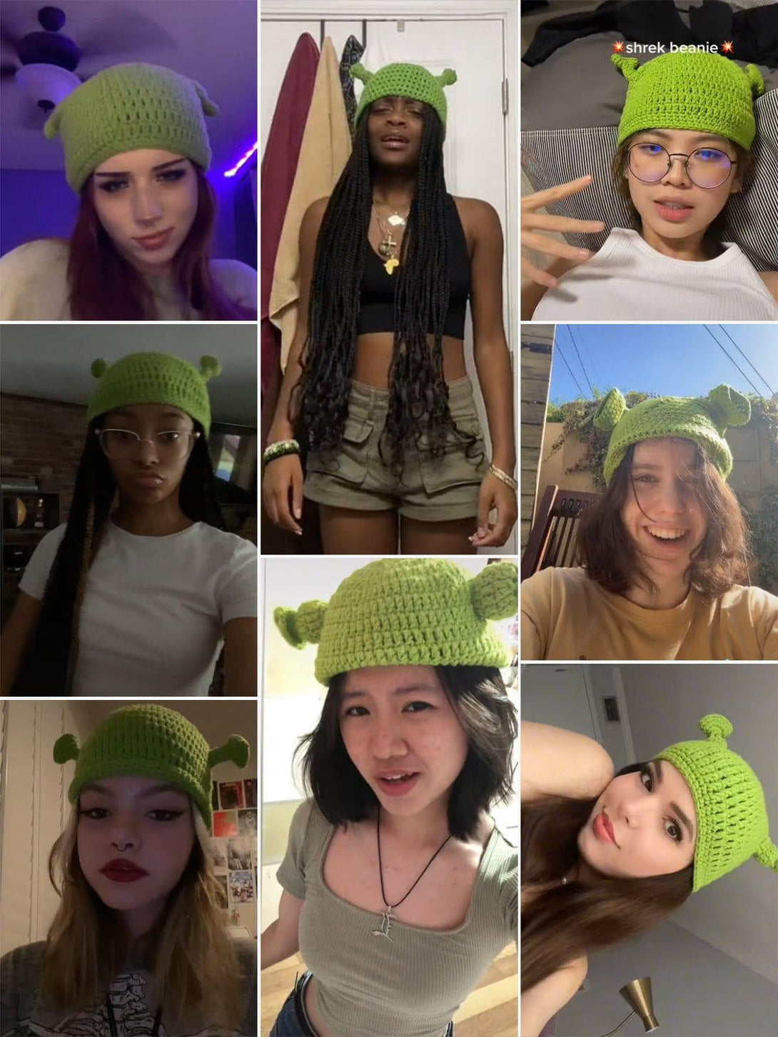 Group of people wearing a green Shrek-inspired beanie by TALISHKO, showcasing playful style.