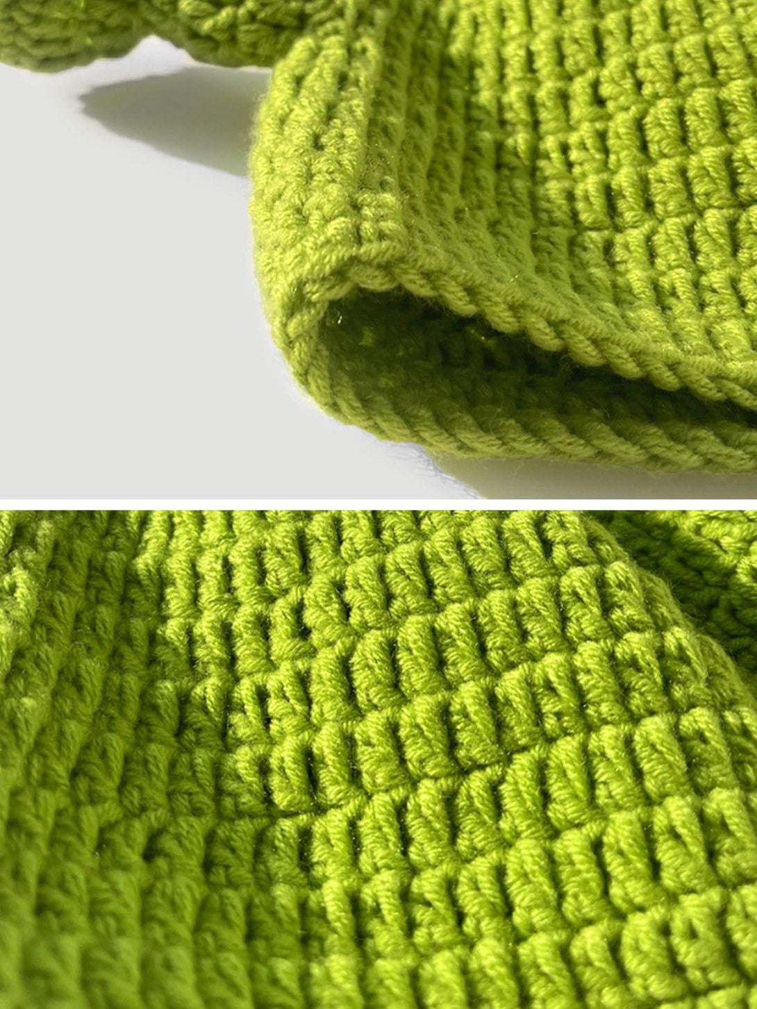 Intricate look at the vibrant green crochet texture of a Shrek-inspired beanie by TALISHKO.