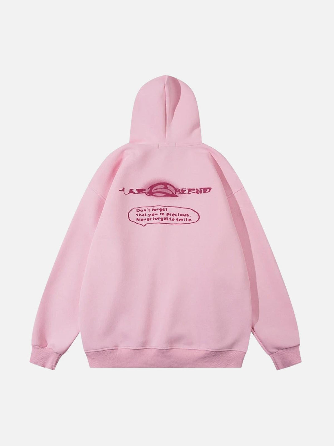 Back view of a pink hoodie featuring a whimsical cartoon design by TALISHKO.