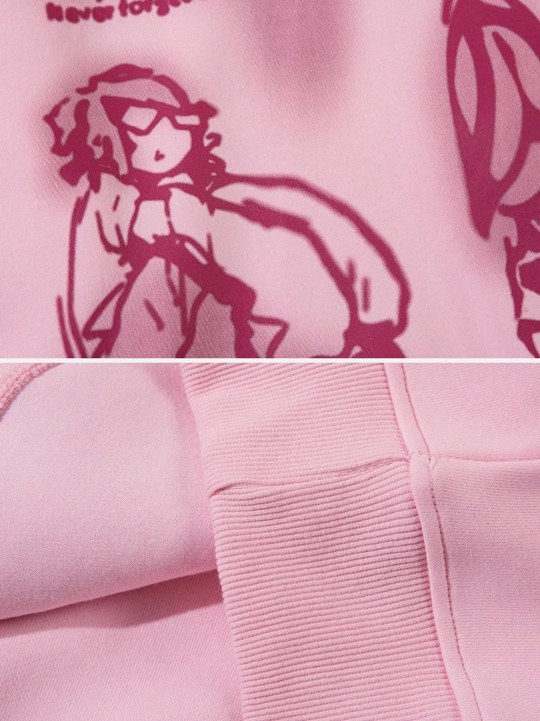 Intricate look at TALISHKO's pink hoodie showcasing whimsical cartoon graphics and ribbed texture.