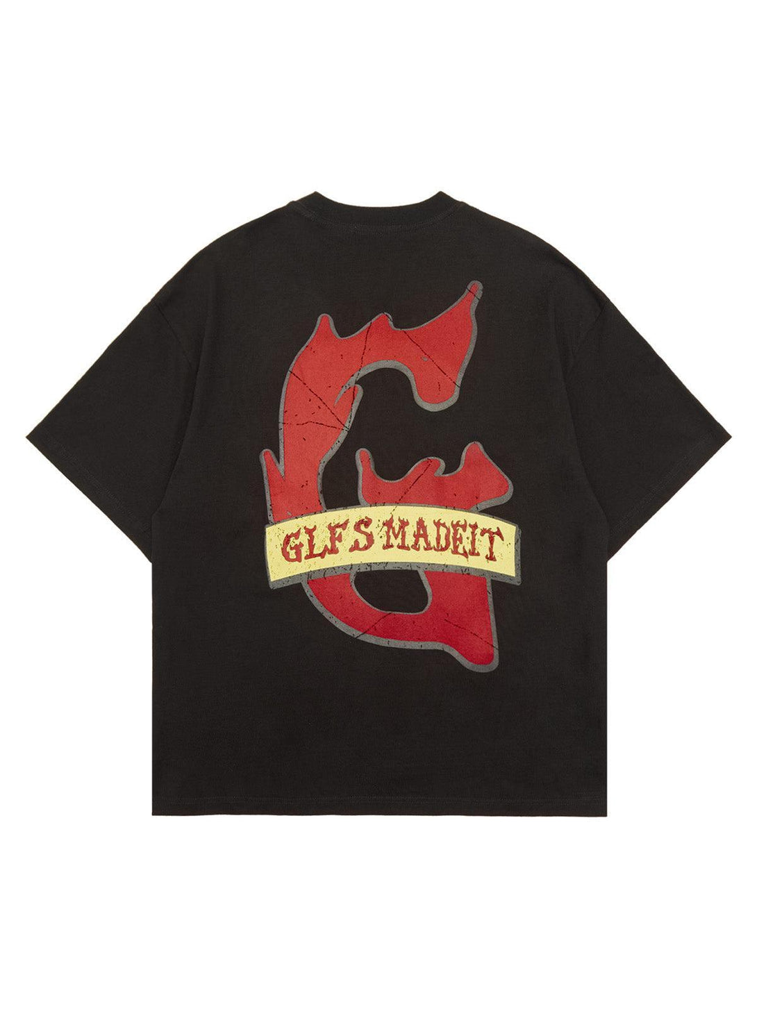Back view of TALISHKO T-shirt featuring bold red graffiti design with "GLF'S MADE IT" text.