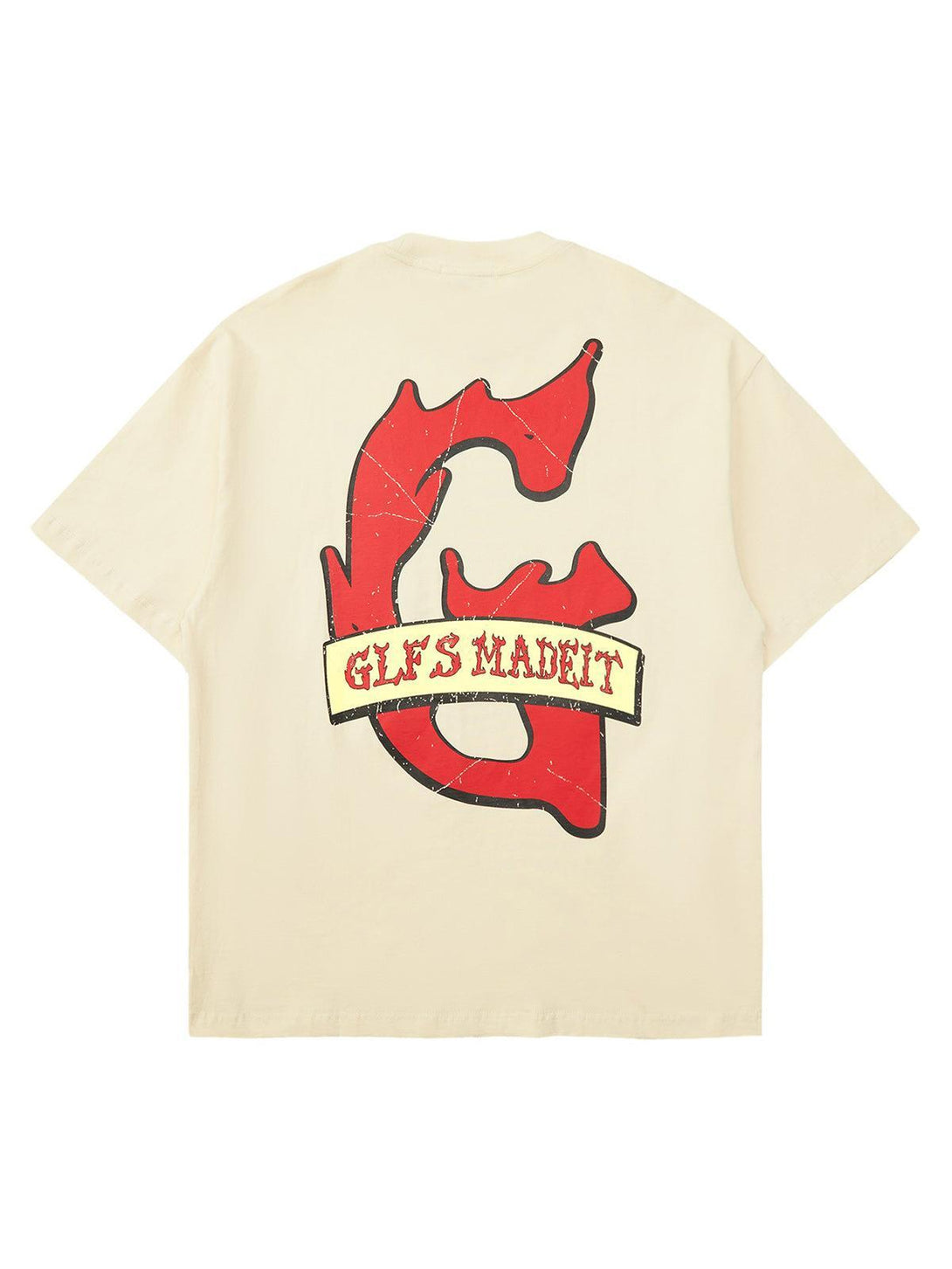 Back view of a TALISHKO graffiti T-shirt with bold red and black design on light fabric.