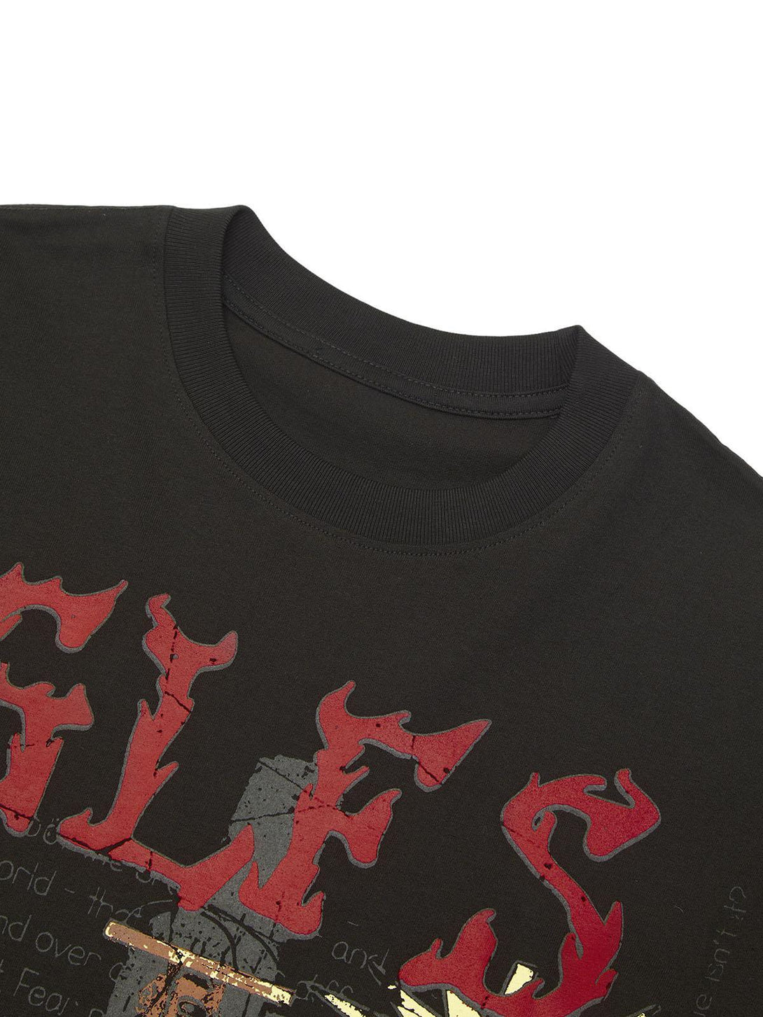 Zoomed-in detail of the TALISHKO graffiti T-shirt, showcasing bold red lettering on a black fabric.