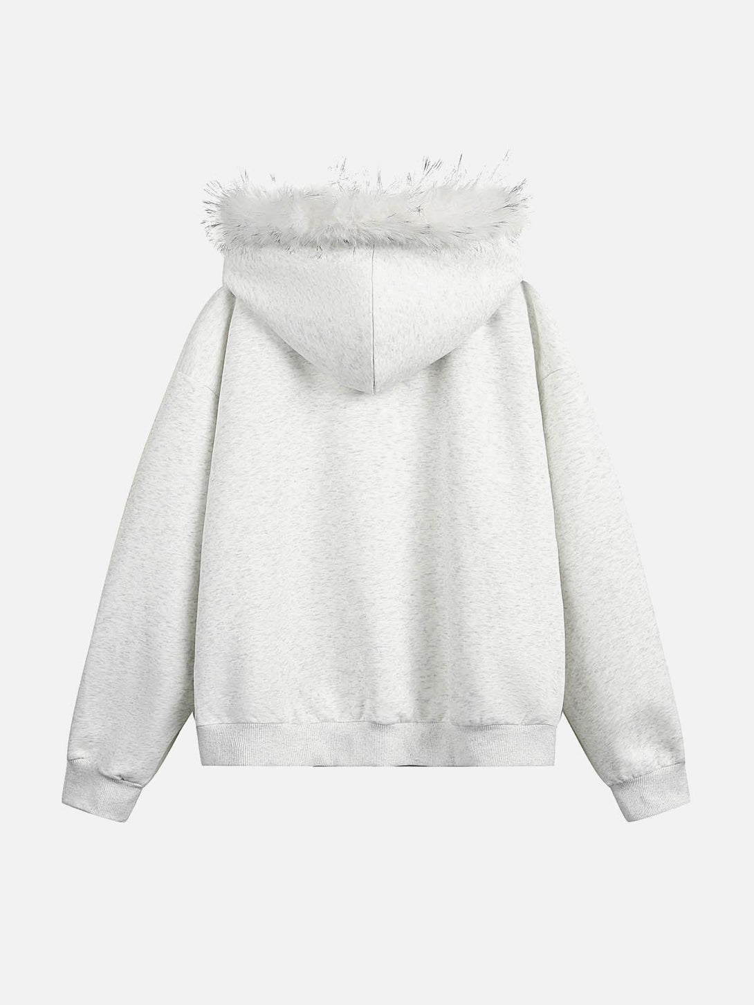 Back view of a gray fur-collared cardigan by TALISHKO, highlighting cozy elegance.
