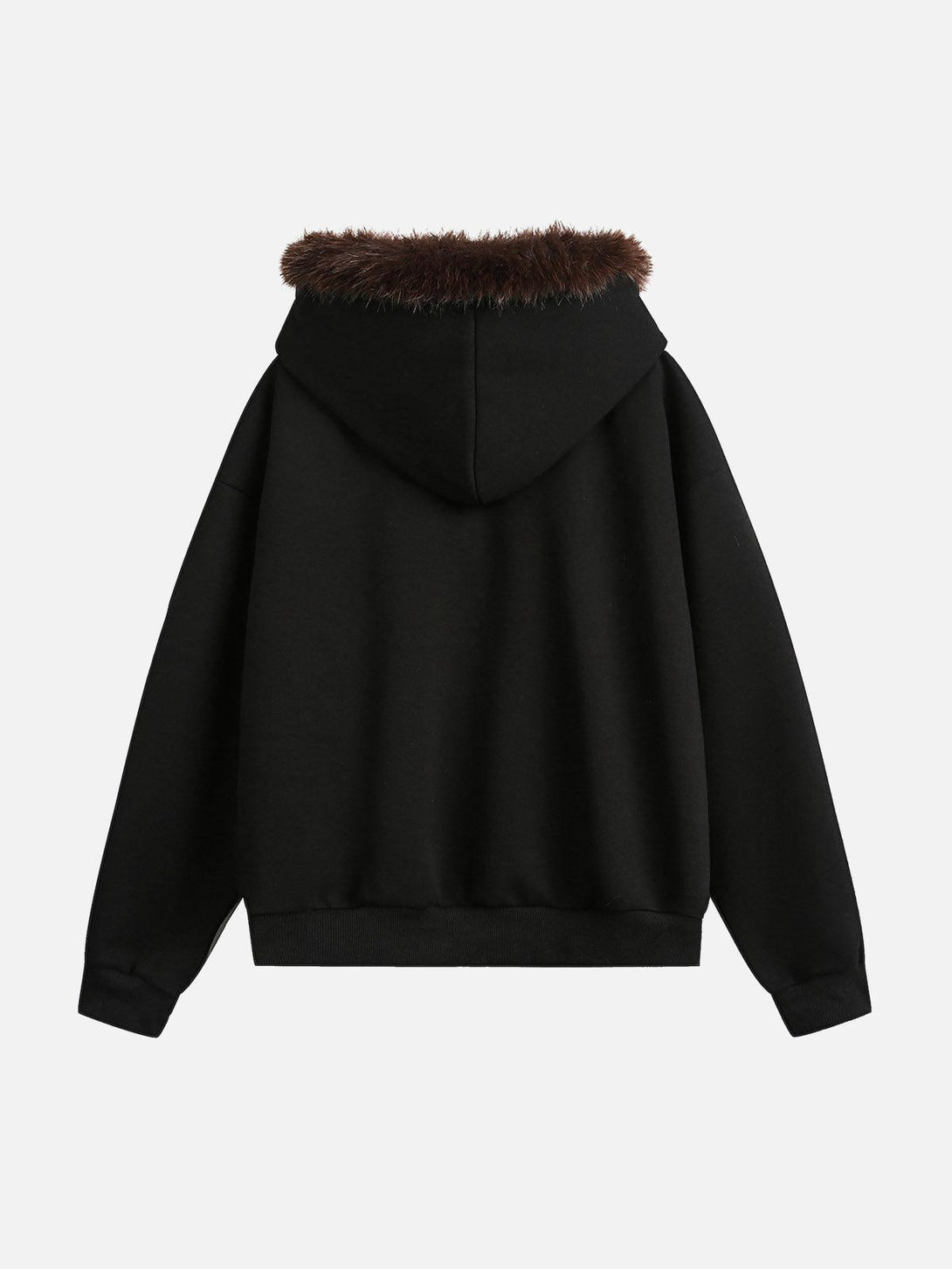 Back view of a black cardigan with a fur-trimmed hood by TALISHKO, adding a cozy touch.