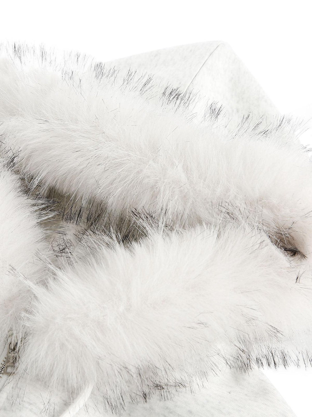 Zoomed-in view of the plush fur collar on a TALISHKO cardigan, emphasizing soft texture.