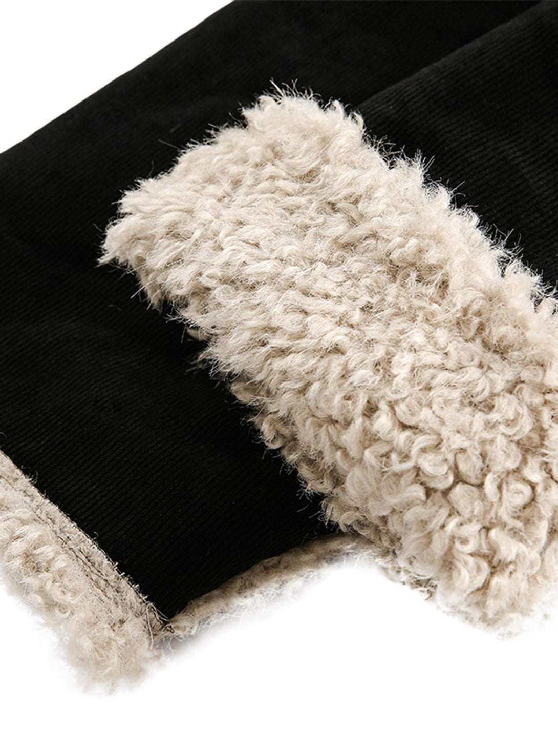 A detailed view of TALISHKO's sherpa-lined jacket, showcasing the plush fur collar texture.