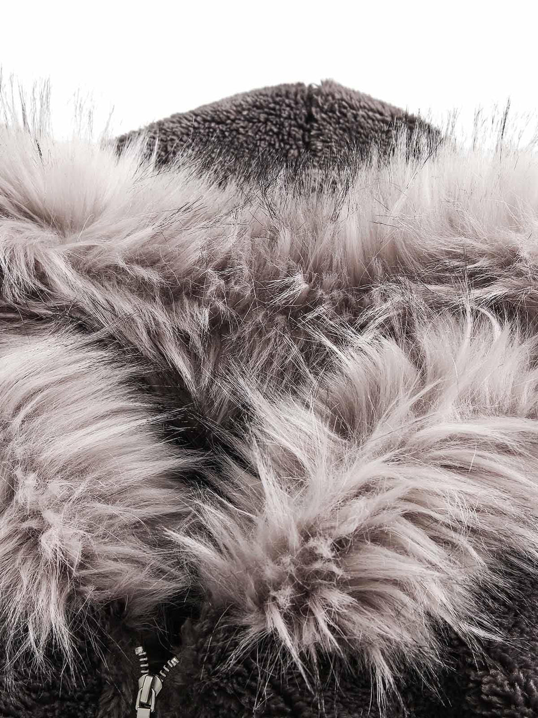 Focusing on the plush faux fur hood detail of TALISHKO's sherpa jacket.