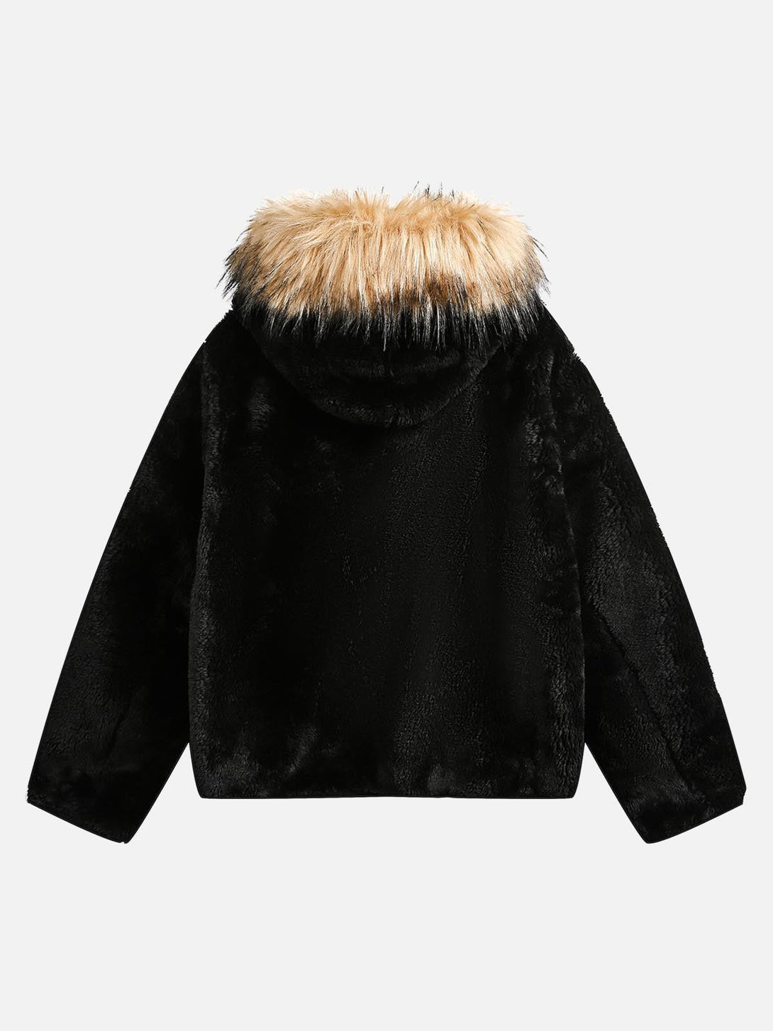 Back view of a black sherpa jacket with a tan faux fur hood by TALISHKO, highlighting cozy style.