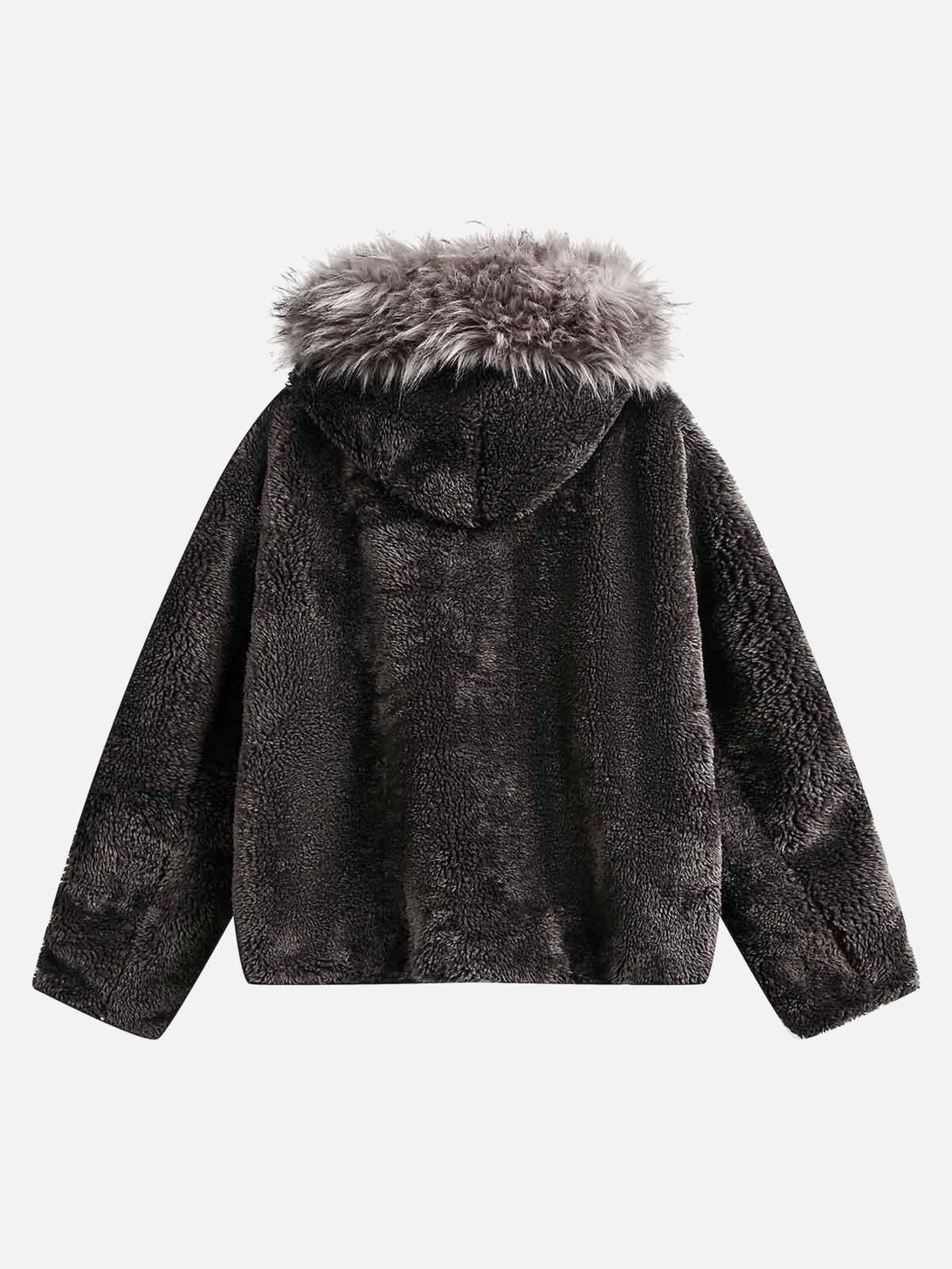Back view of a plush sherpa jacket with a faux fur hood by TALISHKO, ideal for chilly days.