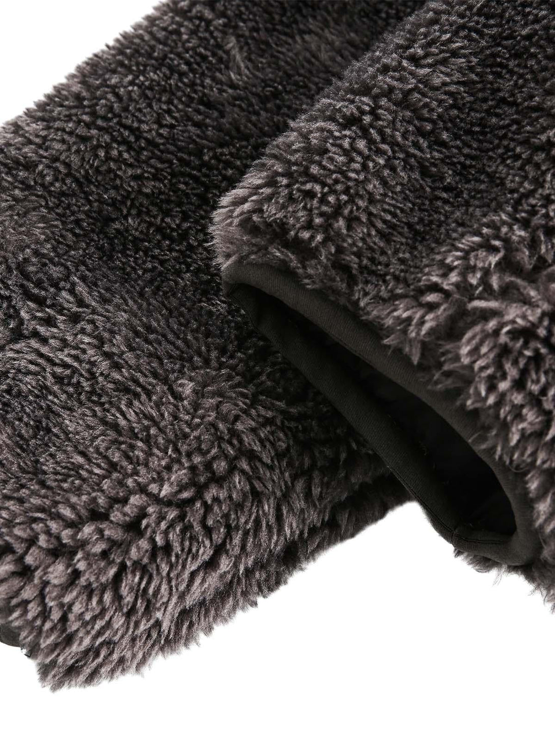 Zoomed-in texture of TALISHKO's plush sherpa jacket, showcasing cozy and soft material.